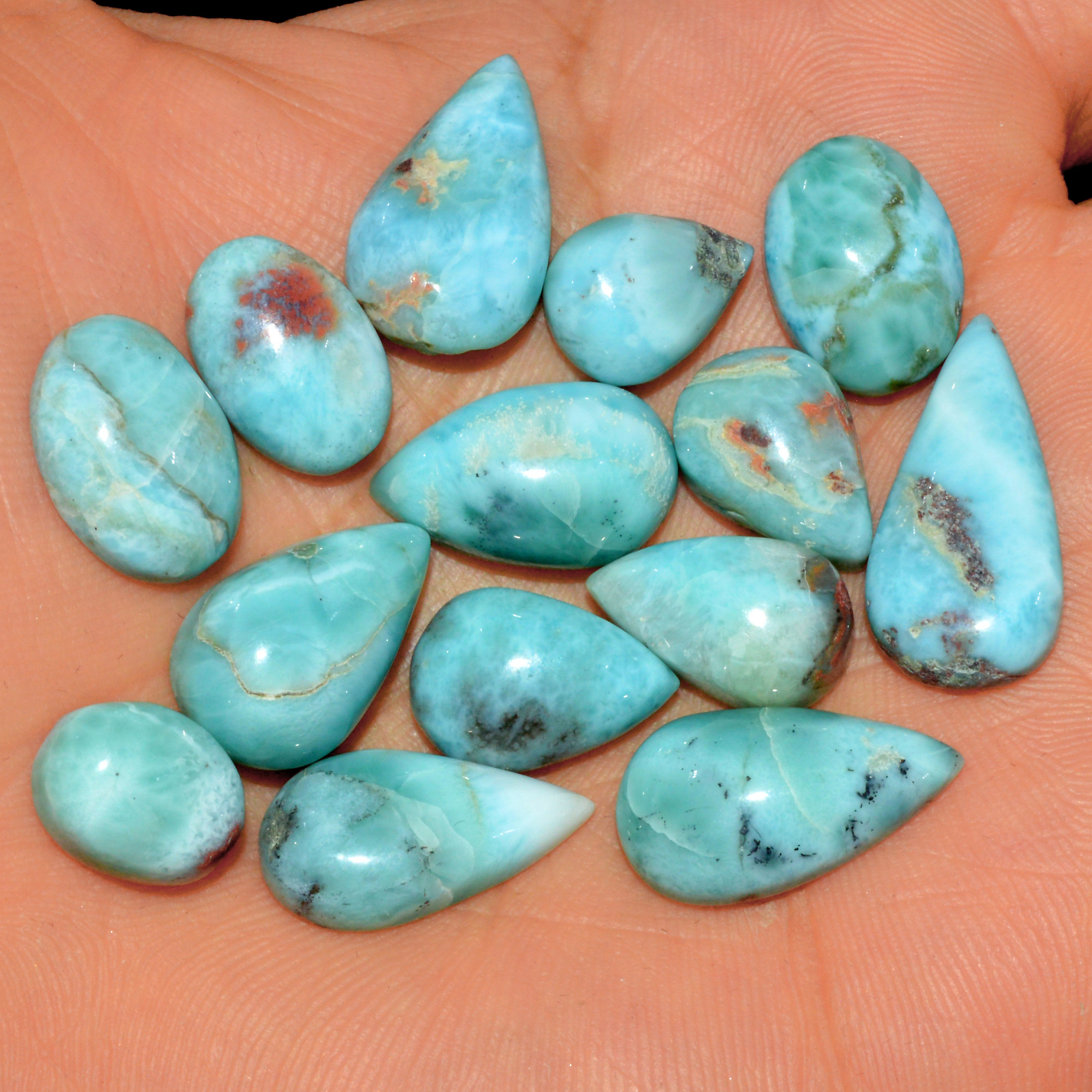 14 Pcs 129 Cts Natural Blue Larimar Loose Cabochon Healing Gemstone Lot Wholesale Craft Supplies For Jewelry Making 23x10 12x9mm 15651