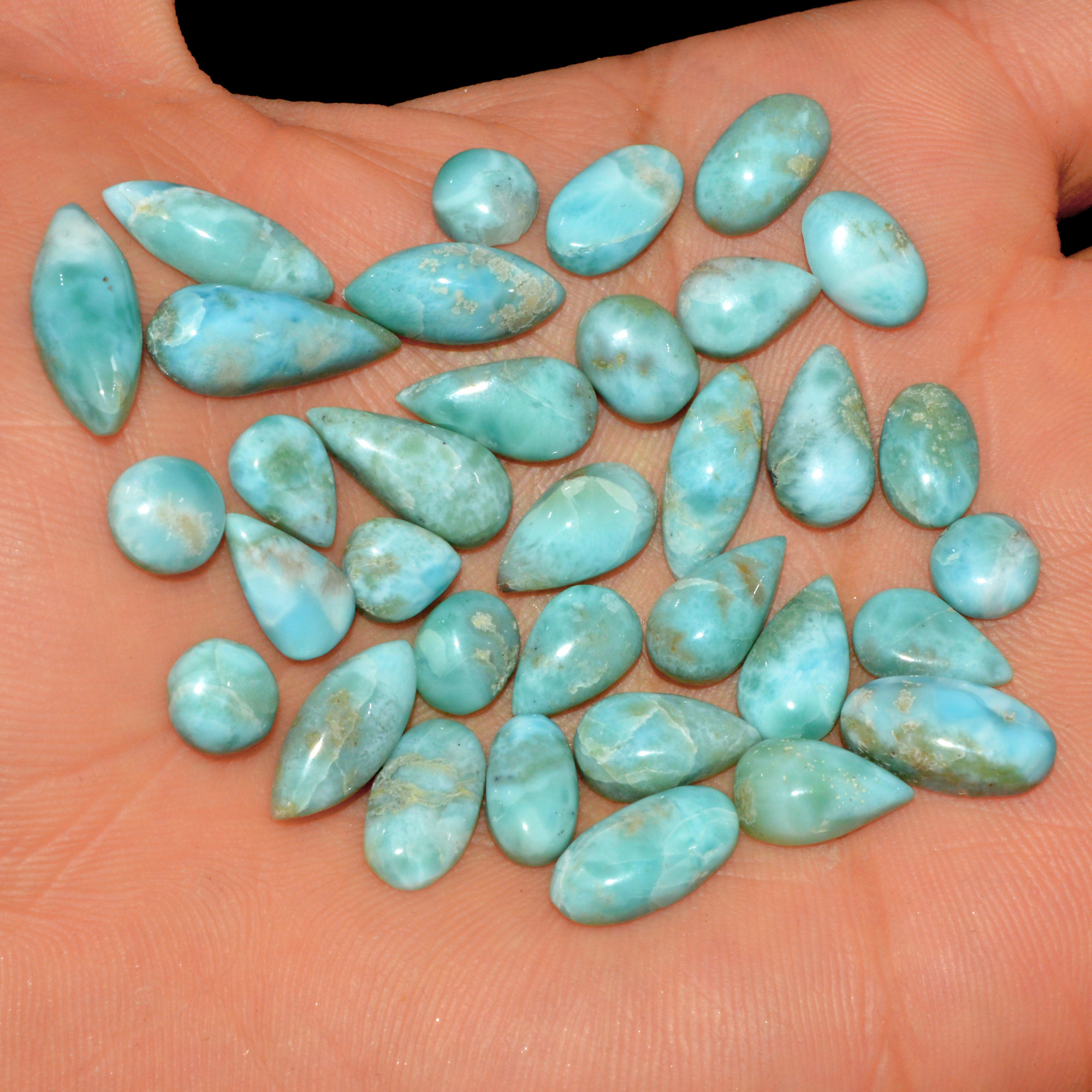 34 Pcs 99 Cts Natural Blue Larimar Loose Cabochon Healing Gemstone Lot Wholesale Craft Supplies For Jewelry Making 17x6 9x5mm 15672