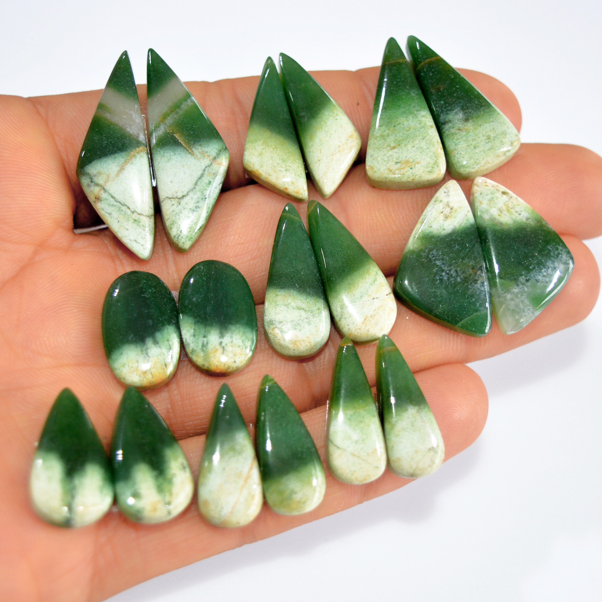 9Pairs 176Cts Natural Green Jade Cabochon Pairs Mixed Shapes Gemstone Lot For Silver Earrings Handmade Craft Supplies 30x10 15x10mm 15755