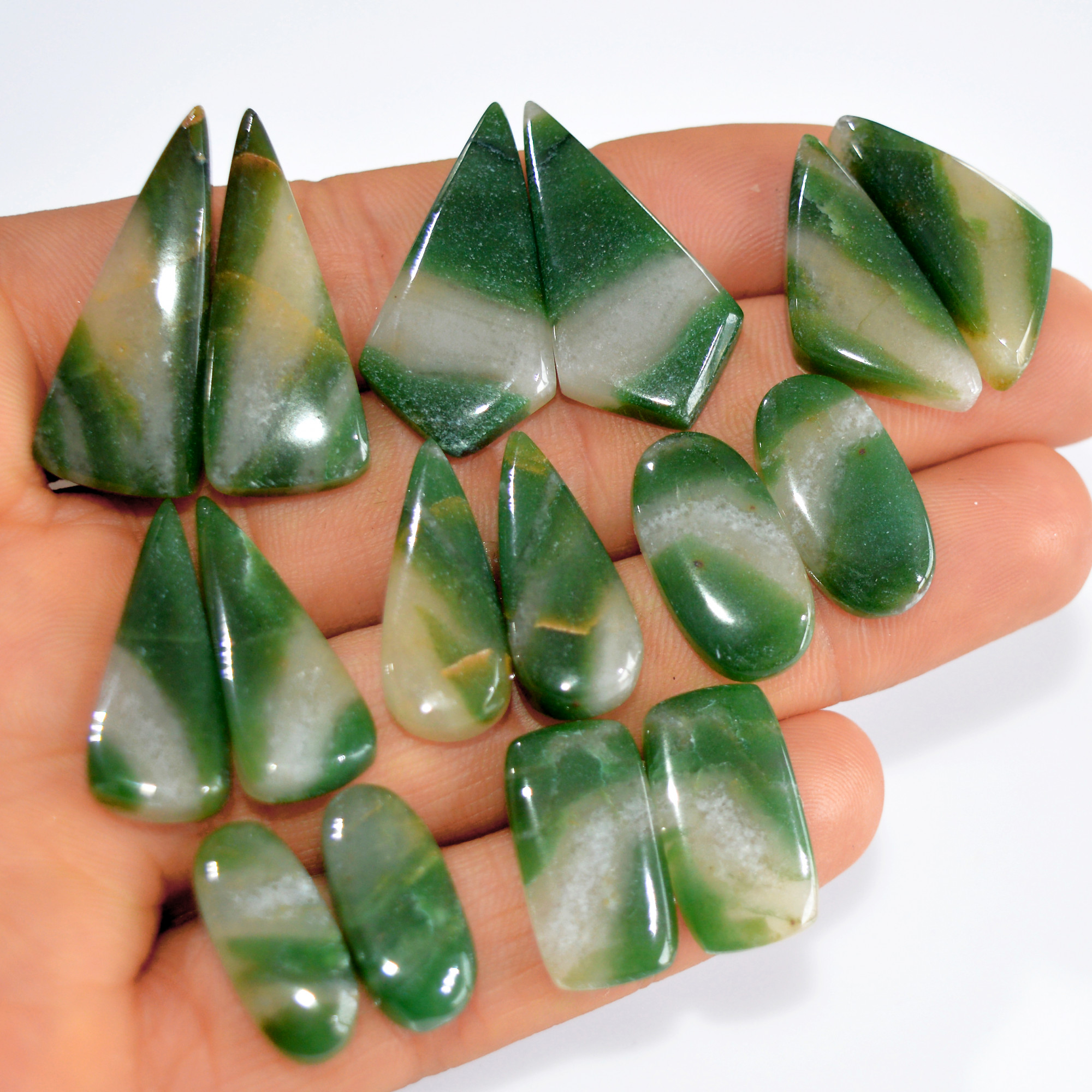 8Pairs 187Cts Natural Green Jade Cabochon Pairs Mixed Shapes Gemstone Lot For Silver Earrings Handmade Craft Supplies 30x10 17x7mm 15756