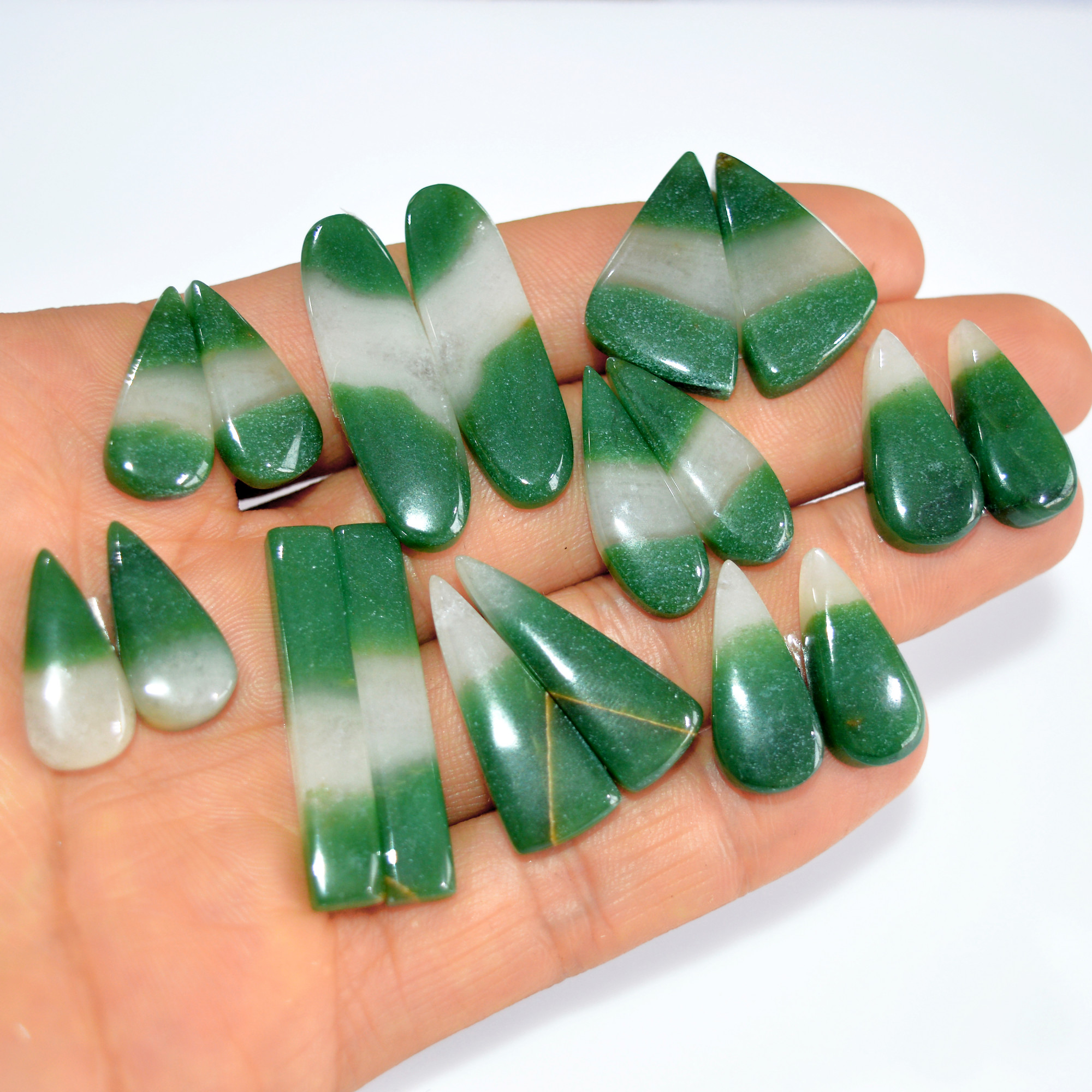 9Pairs 202Cts Natural Green Jade Cabochon Pairs Mixed Shapes Gemstone Lot For Silver Earrings Handmade Craft Supplies 33x9 20x9mm 15760