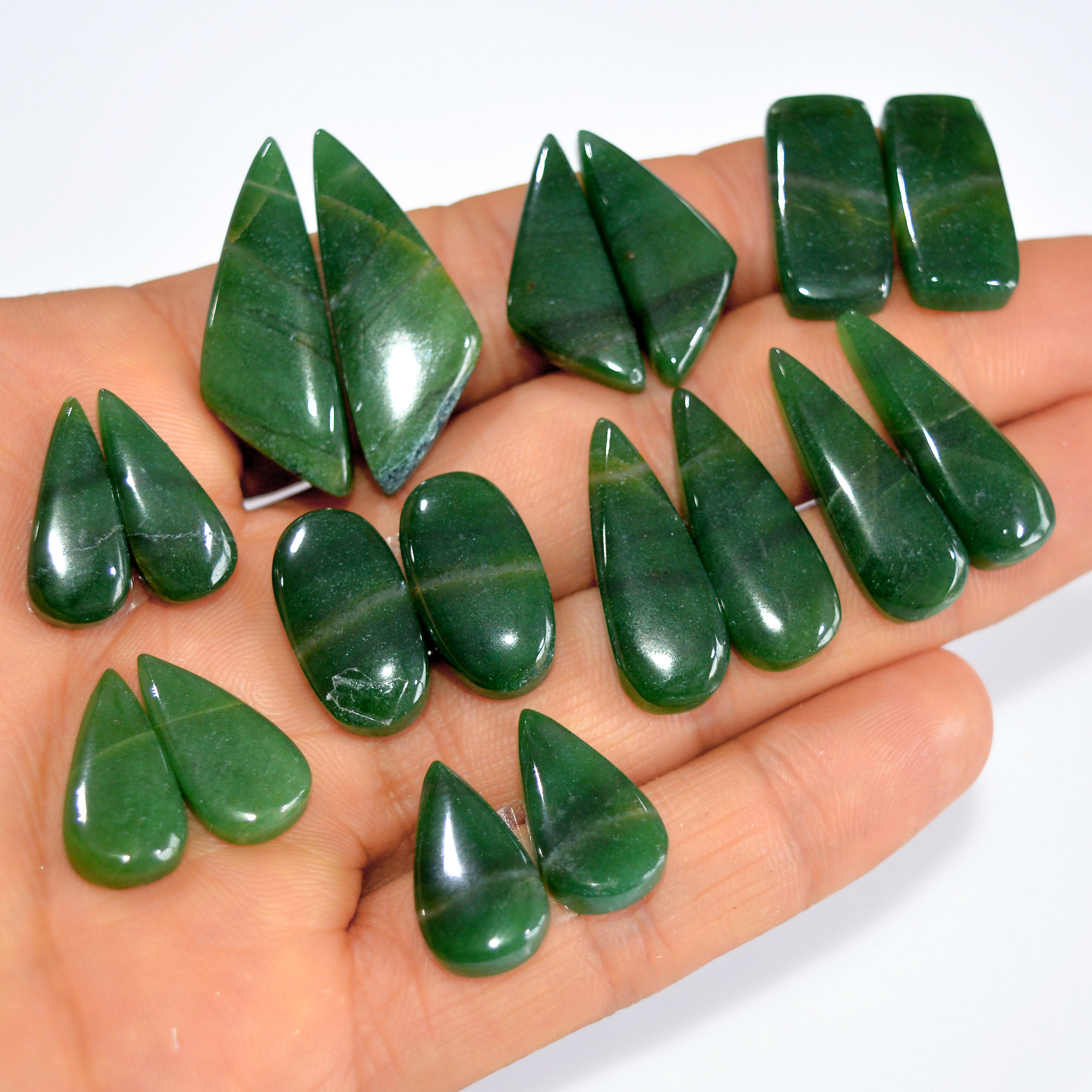 9Pairs181Cts Natural Green Jade Matching Pairs Cabochon Gemstone Statement Drop Hook Earrings Boho Jewelry Gift for Her 31x11 17x7mm 15761