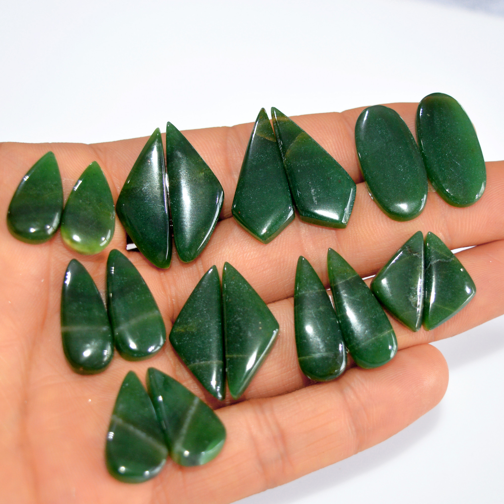 9Pairs186Cts Natural Green Jade Matching Pairs Cabochon Gemstone Statement Drop Hook Earrings Boho Jewelry Gift for Her 28x10 19x9mm 15763