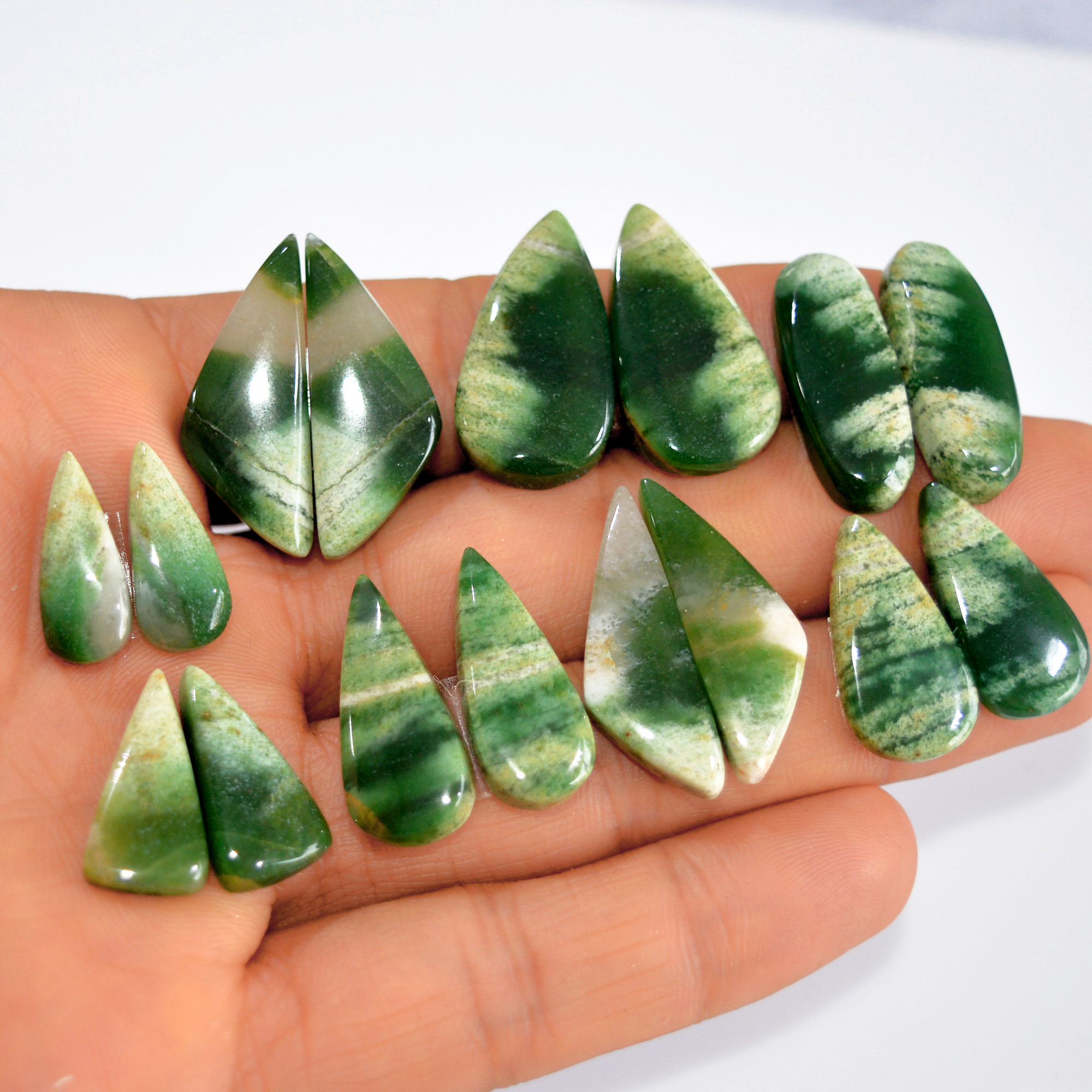 8Pairs169Cts Natural Green Jade Matching Pairs Cabochon Gemstone Statement Drop Hook Earrings Boho Jewelry Gift for Her 27x10 17x7mm 15764