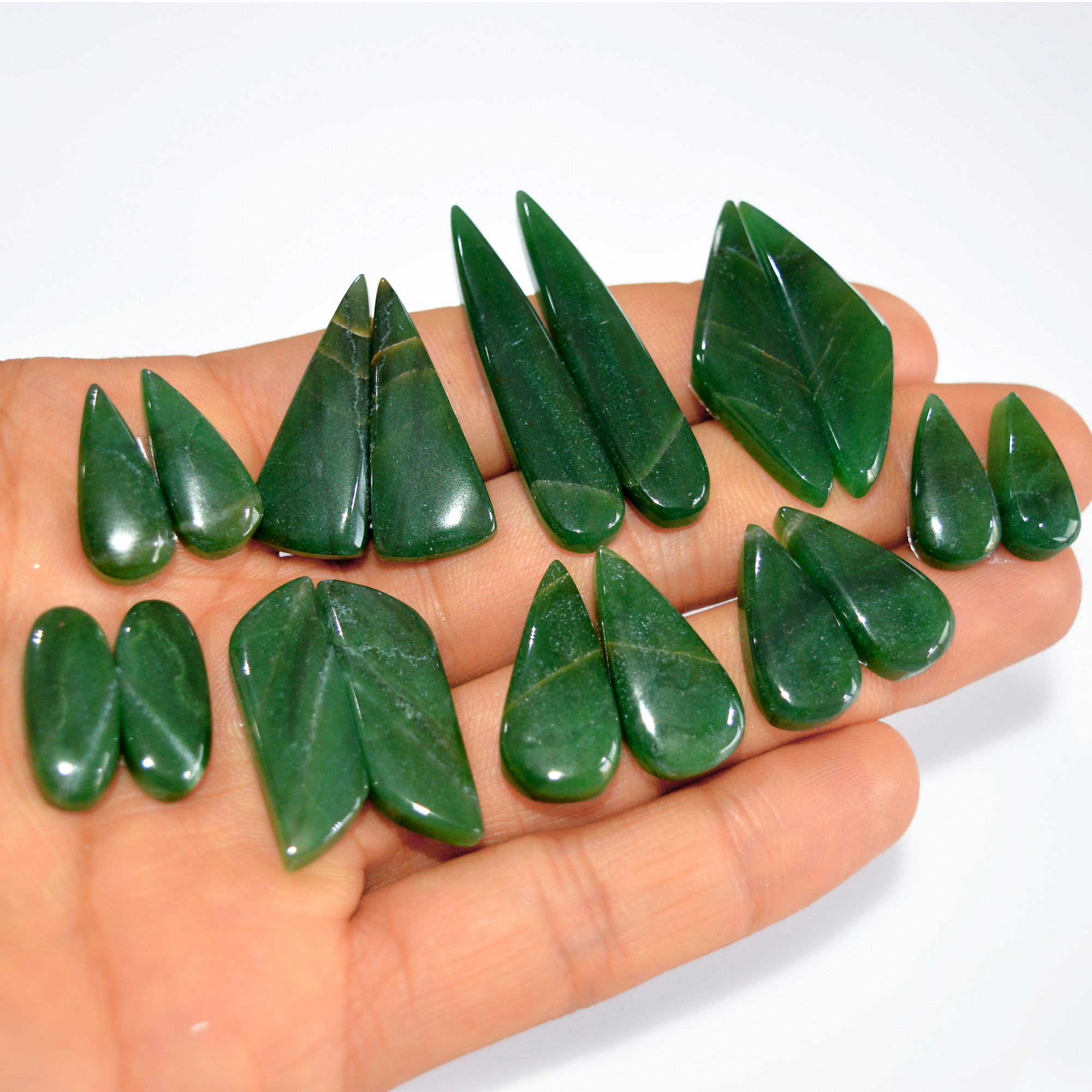 9Pairs208Cts Natural Green Jade Matching Pairs Cabochon Gemstone Statement Drop Hook Earrings Boho Jewelry Gift for Her 39x8 17x7mm 15765