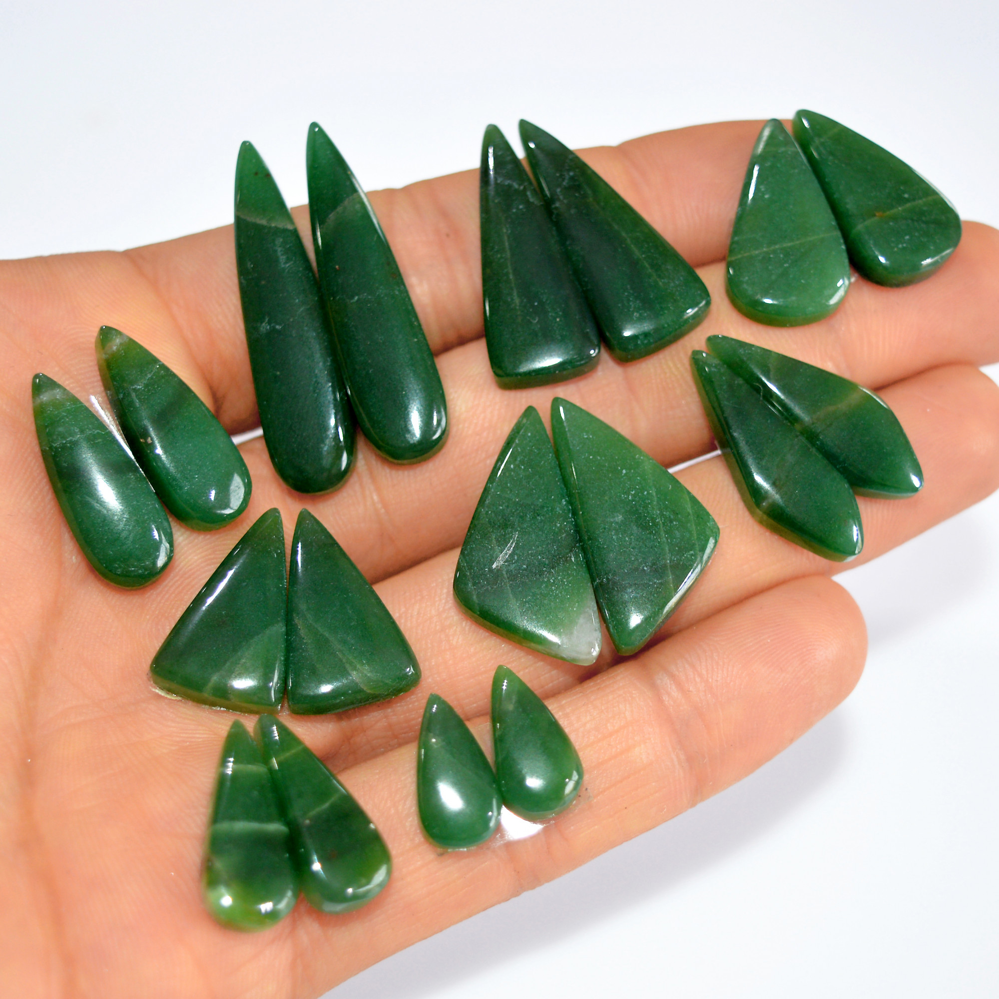 9Pairs179Cts Natural Green Jade Matching Pairs Cabochon Gemstone Statement Drop Hook Earrings Boho Jewelry Gift for Her 35x8 12x6mm 15766