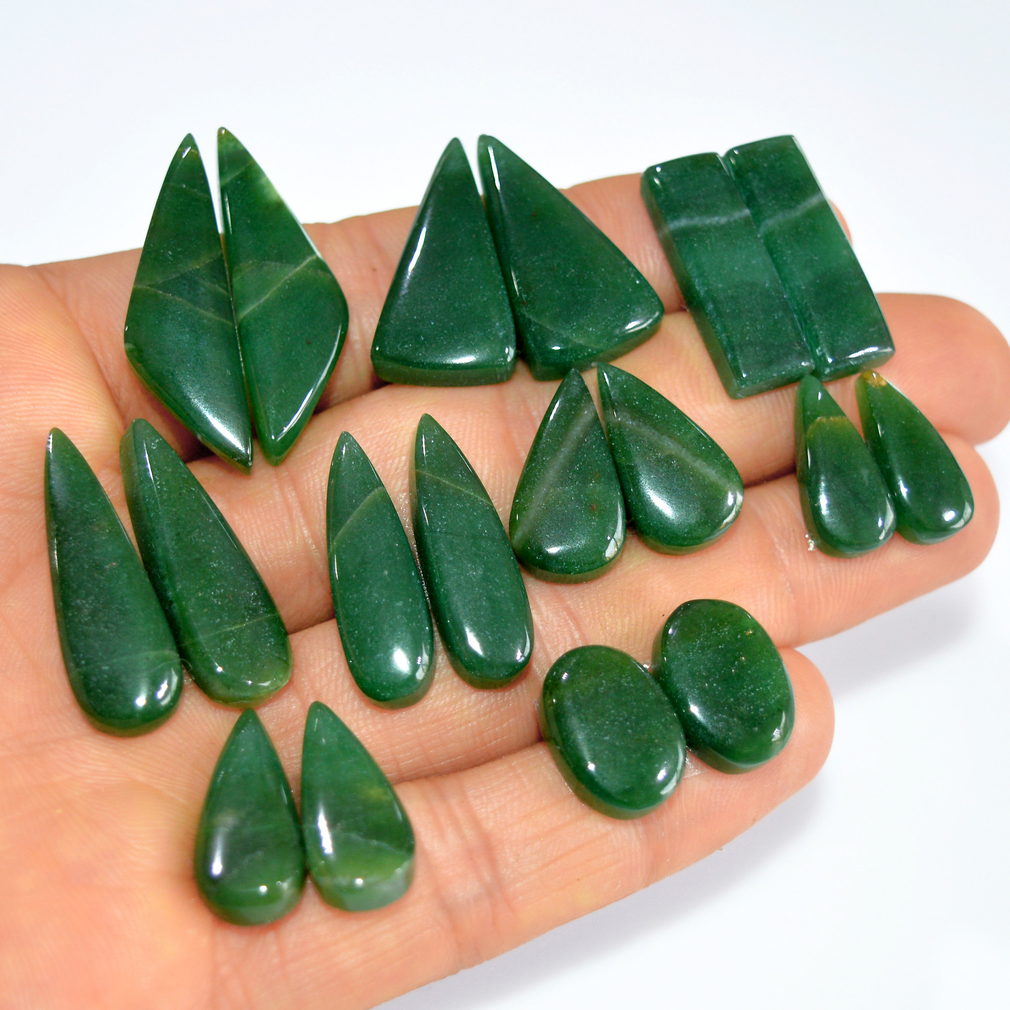 9Pairs184Cts Natural Green Jade Matching Pairs Cabochon Gemstone Statement Drop Hook Earrings Boho Jewelry Gift for Her 32x9 14x9mm 15767