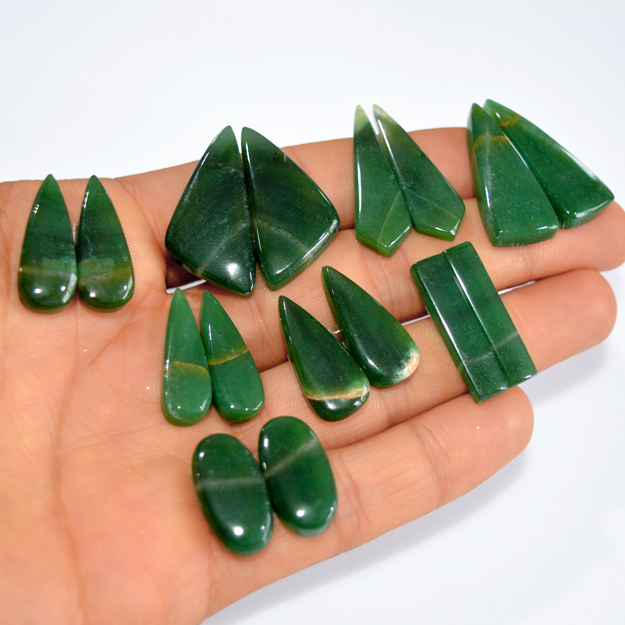 8Pairs184Cts Natural Green Jade Matching Pairs Cabochon Gemstone Statement Drop Hook Earrings Boho Jewelry Gift for Her 30x10 19x9mm 15769