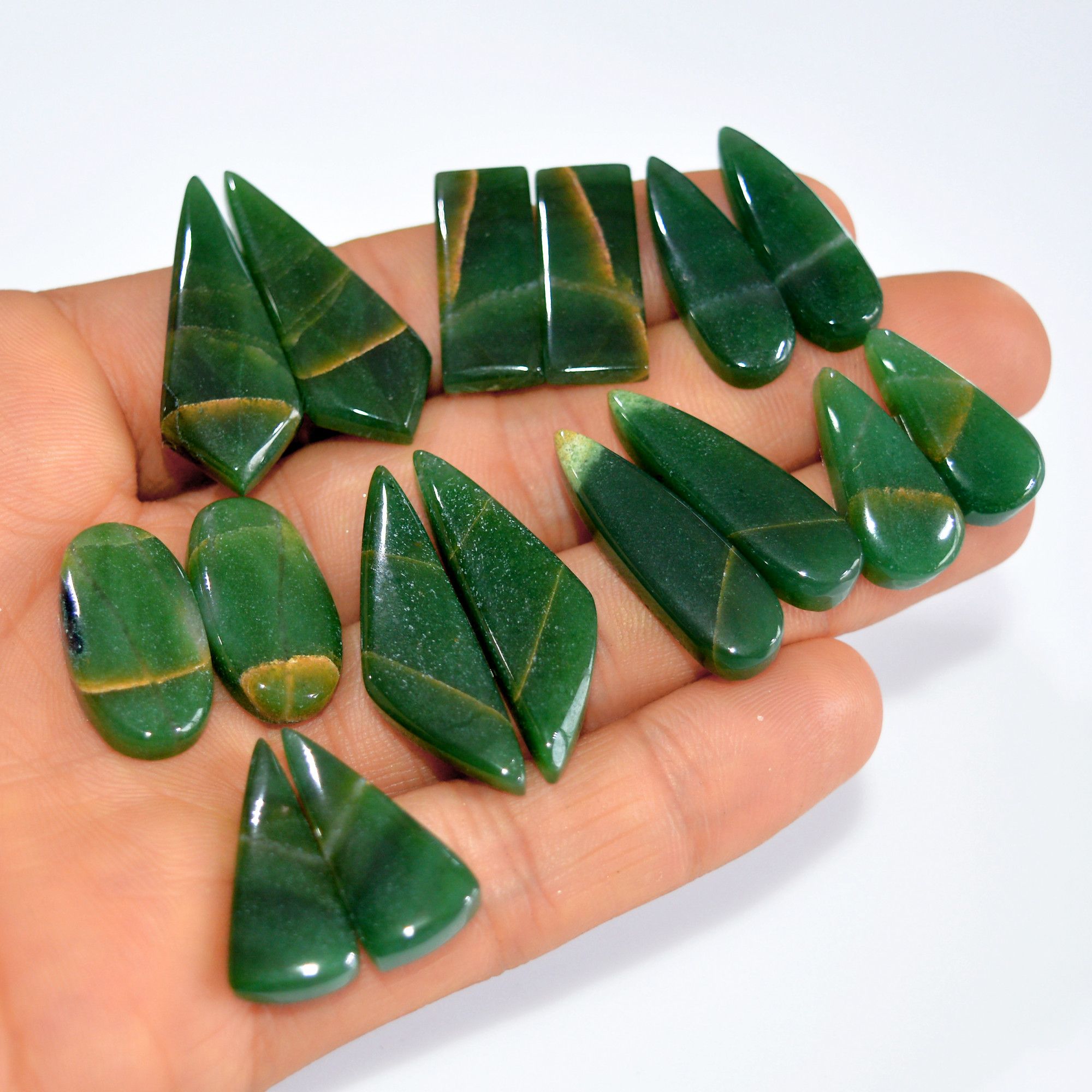 8Pairs185Cts Natural Green Jade Matching Pairs Cabochon Gemstone Statement Drop Hook Earrings Boho Jewelry Gift for Her 32x9 20x9mm 15770