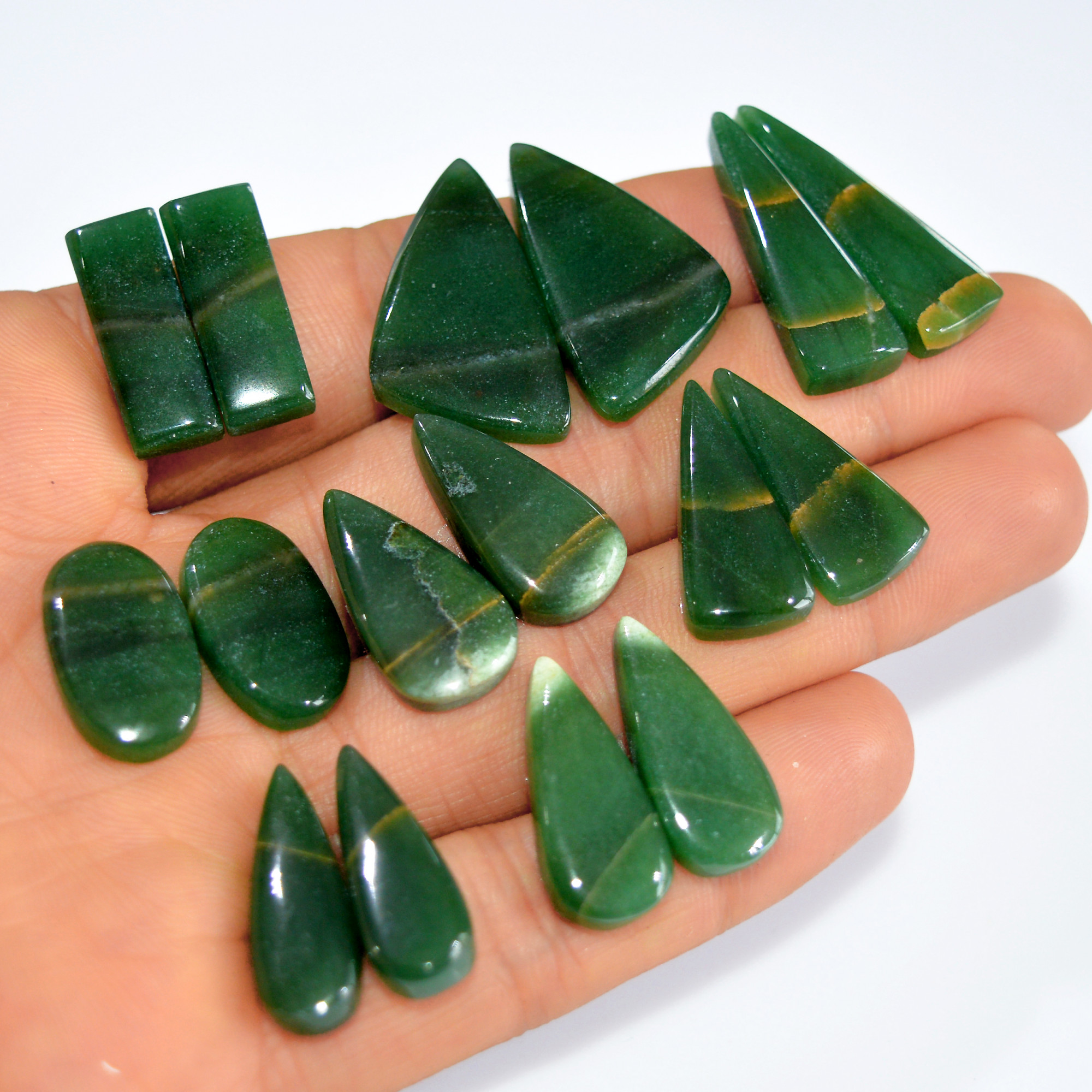 8Pairs174Cts Natural Green Jade Matching Pairs Cabochon Gemstone Statement Drop Hook Earrings Boho Jewelry Gift for Her 28x14 18x10mm 15771