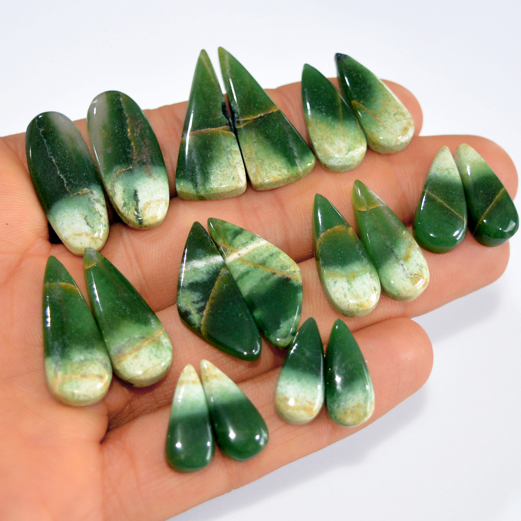 9Pairs171Cts Natural Green Jade Matching Pairs Cabochon Gemstone Statement Drop Hook Earrings Boho Jewelry Gift for Her 30x10 15x6mm 15772