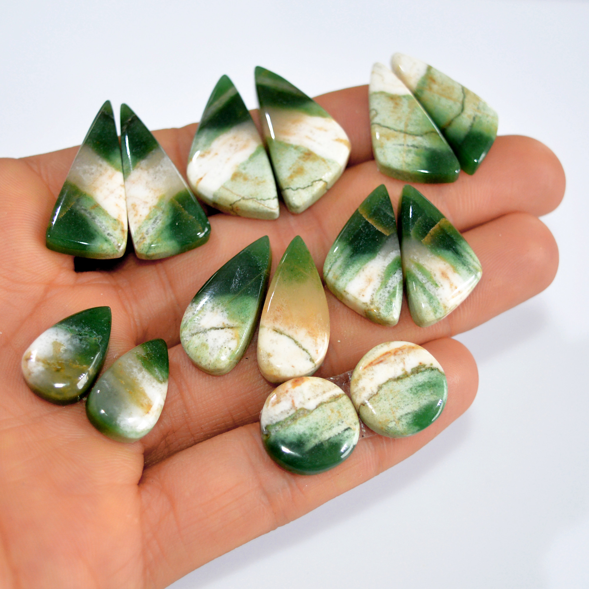 7Pairs176Cts Natural Green Jade Matching Pairs Cabochon Gemstone Statement Drop Hook Earrings Boho Jewelry Gift for Her 29x11 16x10mm 15773