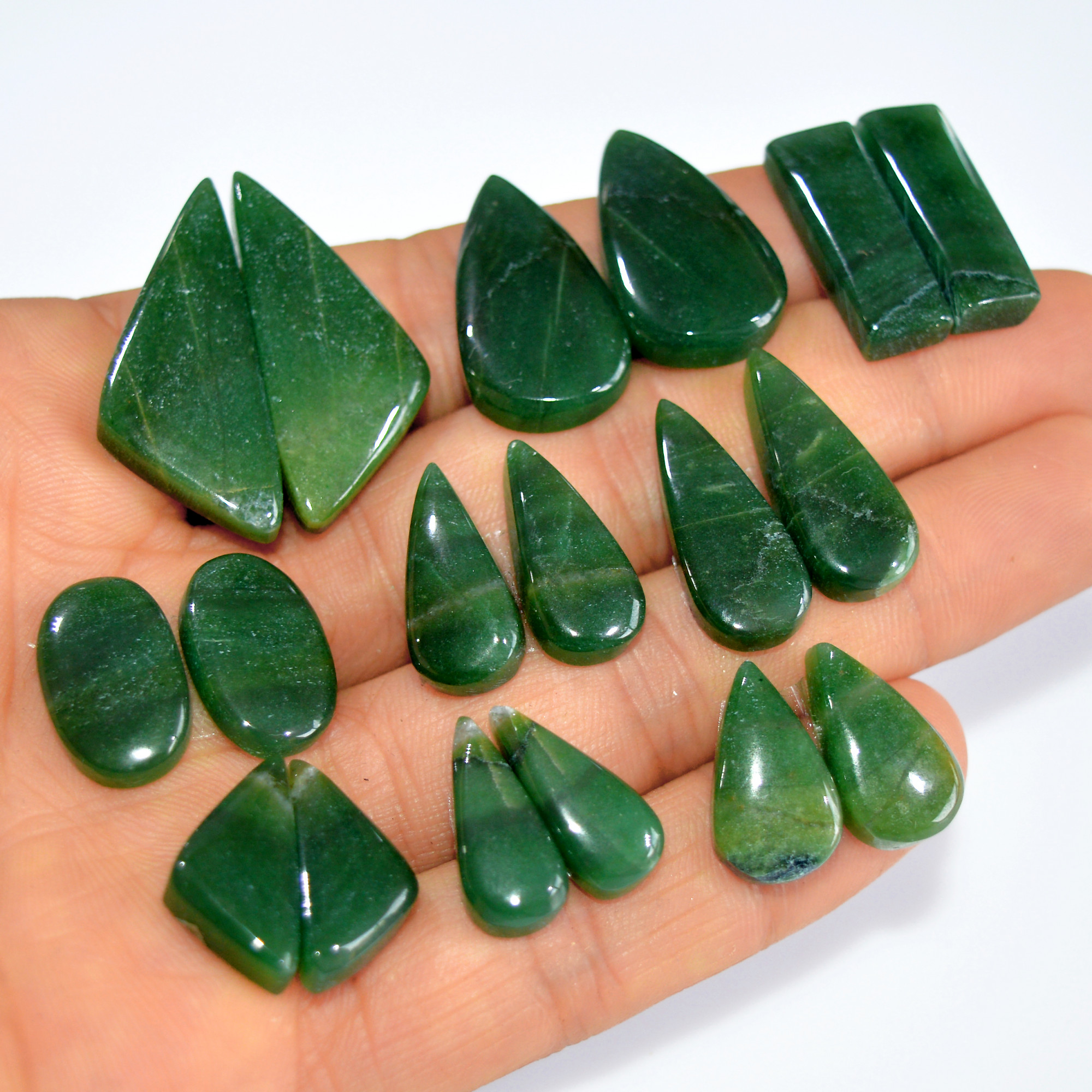 9Pairs 192Cts Emerald Green Jade Dangle Earring Pairs Natural Gemstone Cabochon Silver Jewelry Handcrafted Crystal 32x12 15x5mm 15774