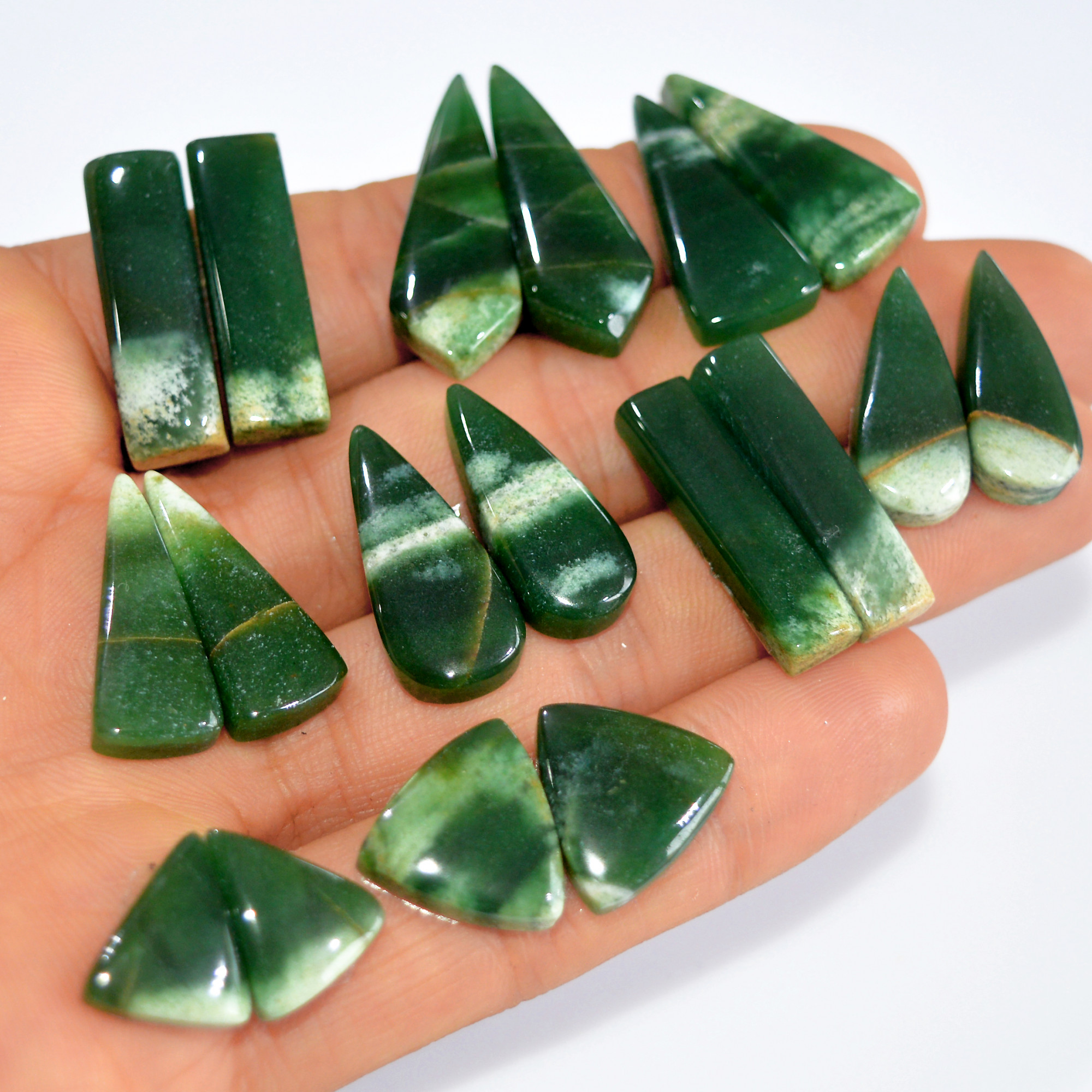 9Pairs 184Cts Emerald Green Jade Dangle Earring Pairs Natural Gemstone Cabochon Silver Jewelry Handcrafted Crystal 30x10 12x10mm 15775