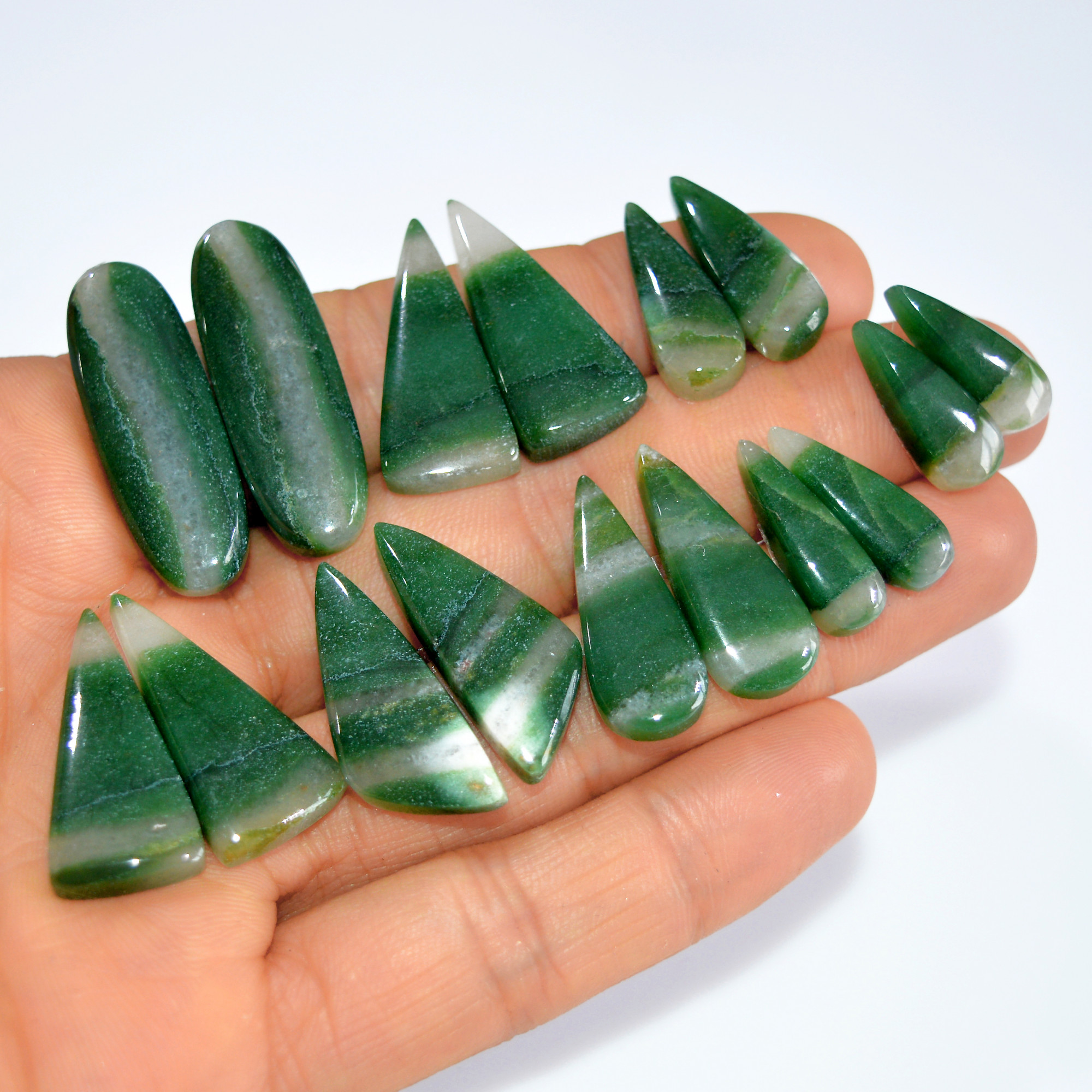 8Pairs 185Cts Emerald Green Jade Dangle Earring Pairs Natural Gemstone Cabochon Silver Jewelry Handcrafted Crystal 33x10 17x5mm 15776