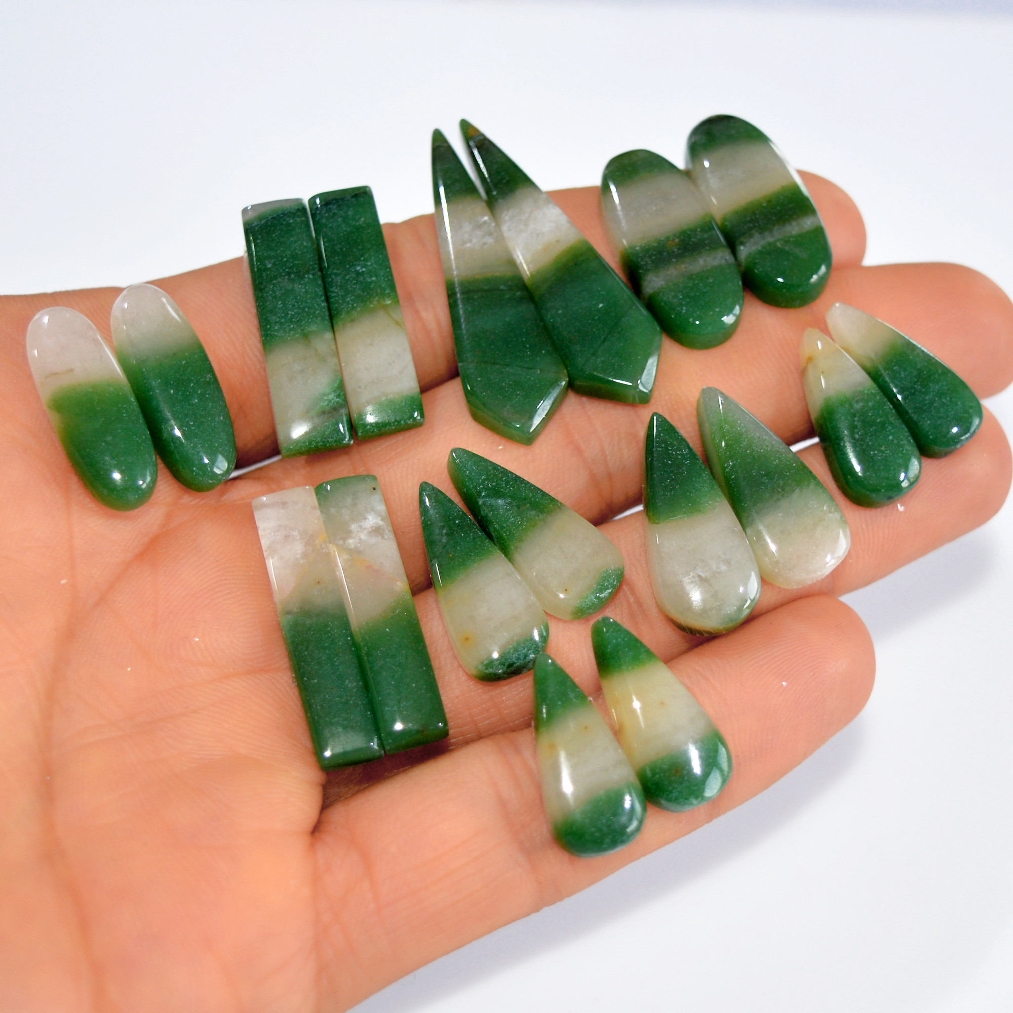 9Pairs 179Cts Emerald Green Jade Dangle Earring Pairs Natural Gemstone Cabochon Silver Jewelry Handcrafted Crystal 36x10 19x7mm 15777