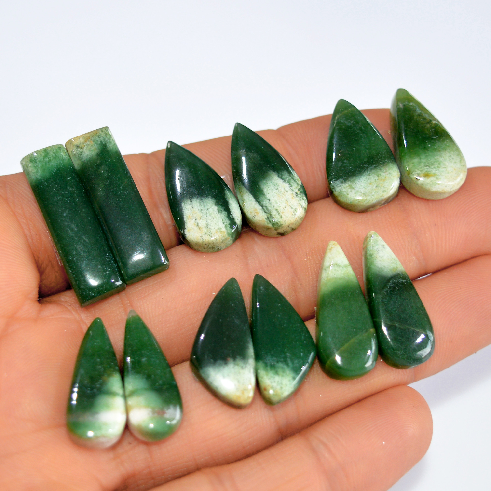 6Pairs 121Cts Emerald Green Jade Dangle Earring Pairs Natural Gemstone Cabochon Silver Jewelry Handcrafted Crystal 25x6 20x10mm 15778