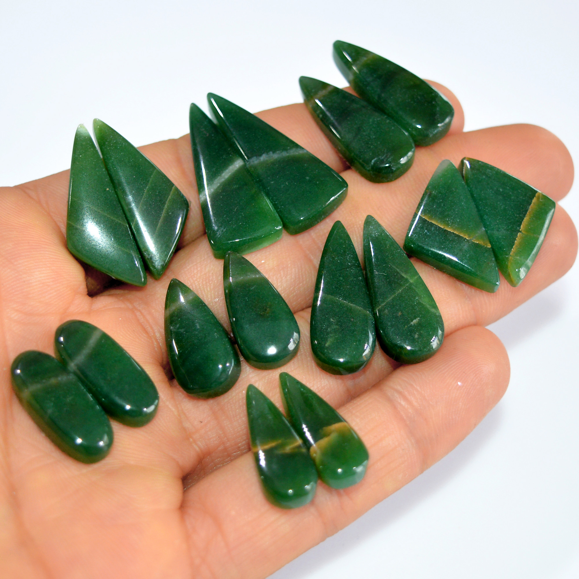 8Pairs 173Cts Emerald Green Jade Dangle Earring Pairs Natural Gemstone Cabochon Silver Jewelry Handcrafted Crystal 29x10 20x8mm 15779