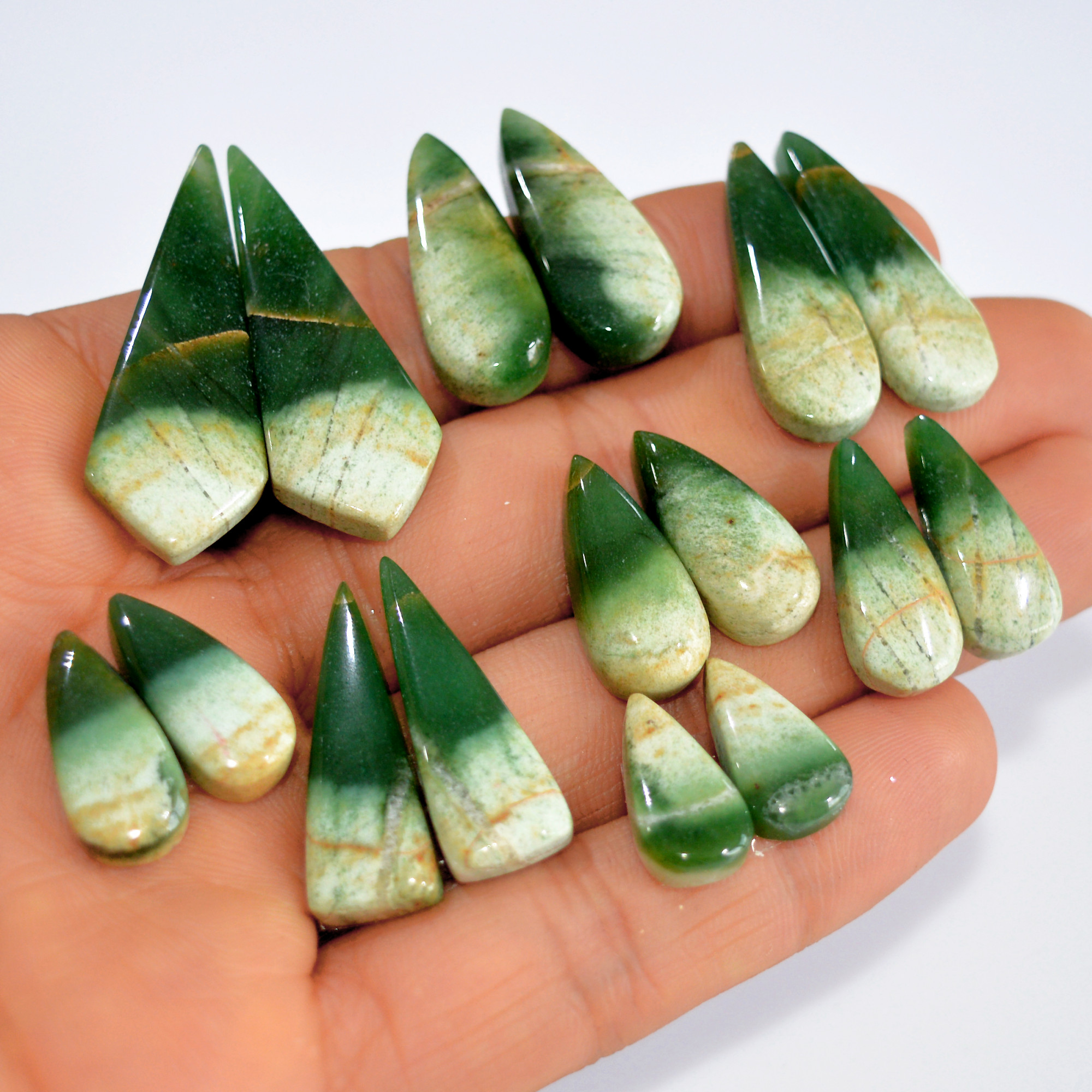 8Pairs 165Cts Emerald Green Jade Dangle Earring Pairs Natural Gemstone Cabochon Silver Jewelry Handcrafted Crystal 36x12 15x7mm 15780