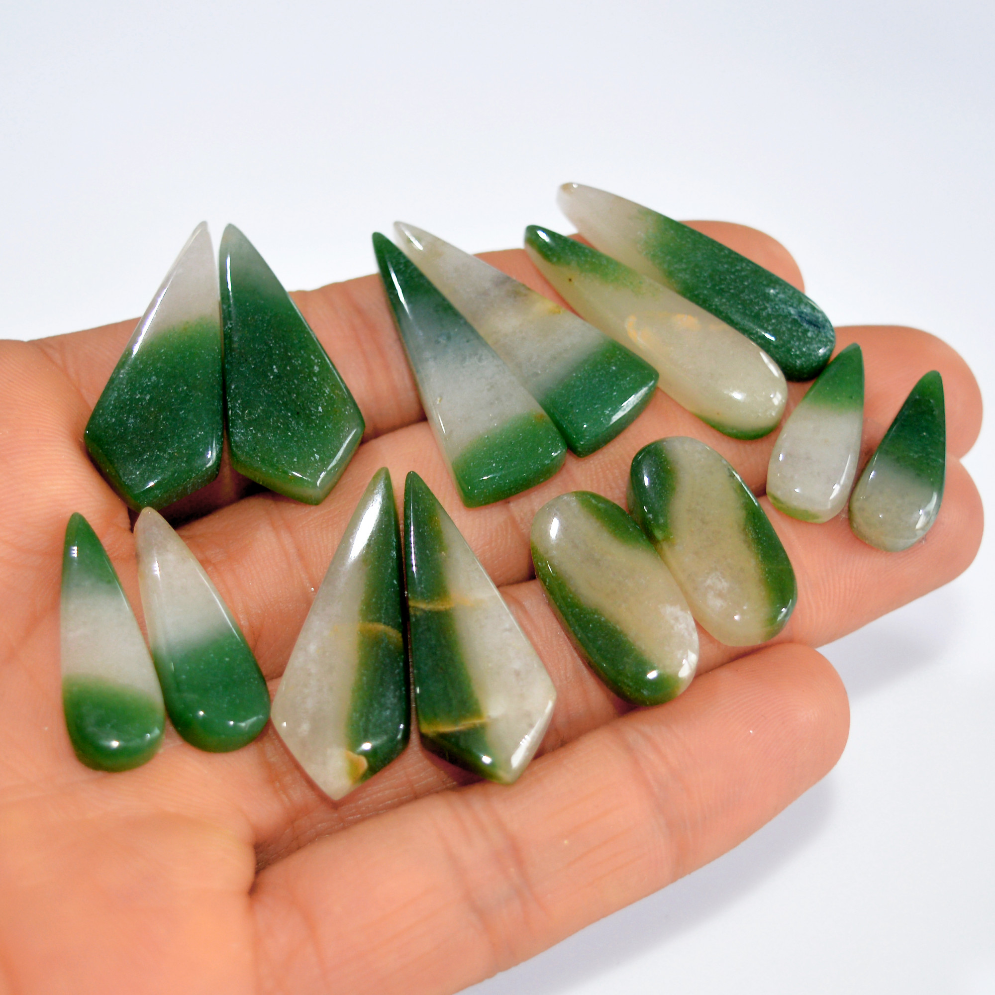 7Pairs 170Cts Emerald Green Jade Dangle Earring Pairs Natural Gemstone Cabochon Silver Jewelry Handcrafted Crystal 30x10 19x7mm 15781