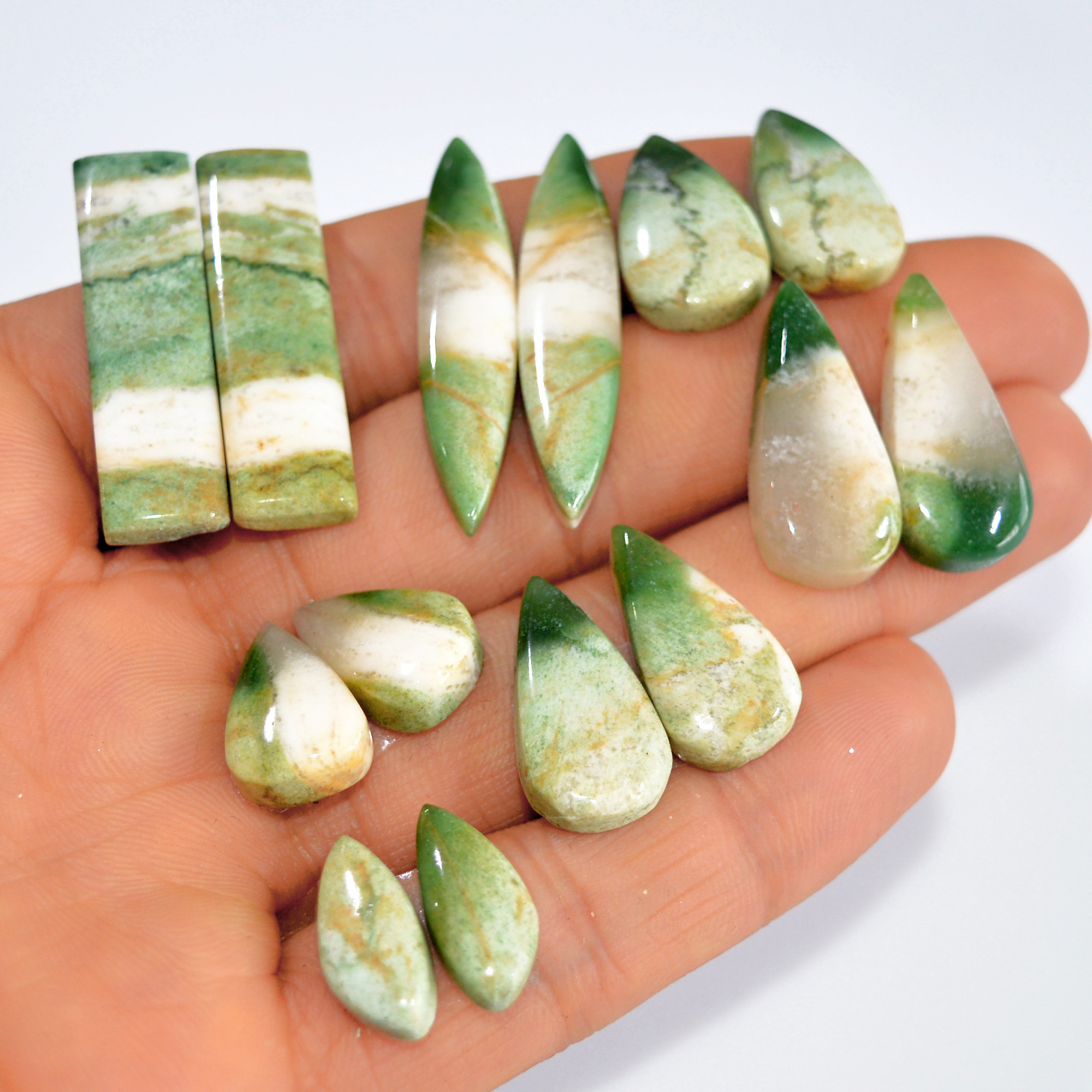 7Pairs 151Cts Emerald Green Jade Dangle Earring Pairs Natural Gemstone Cabochon Silver Jewelry Handcrafted Crystal 34x9 15x5mm 15782