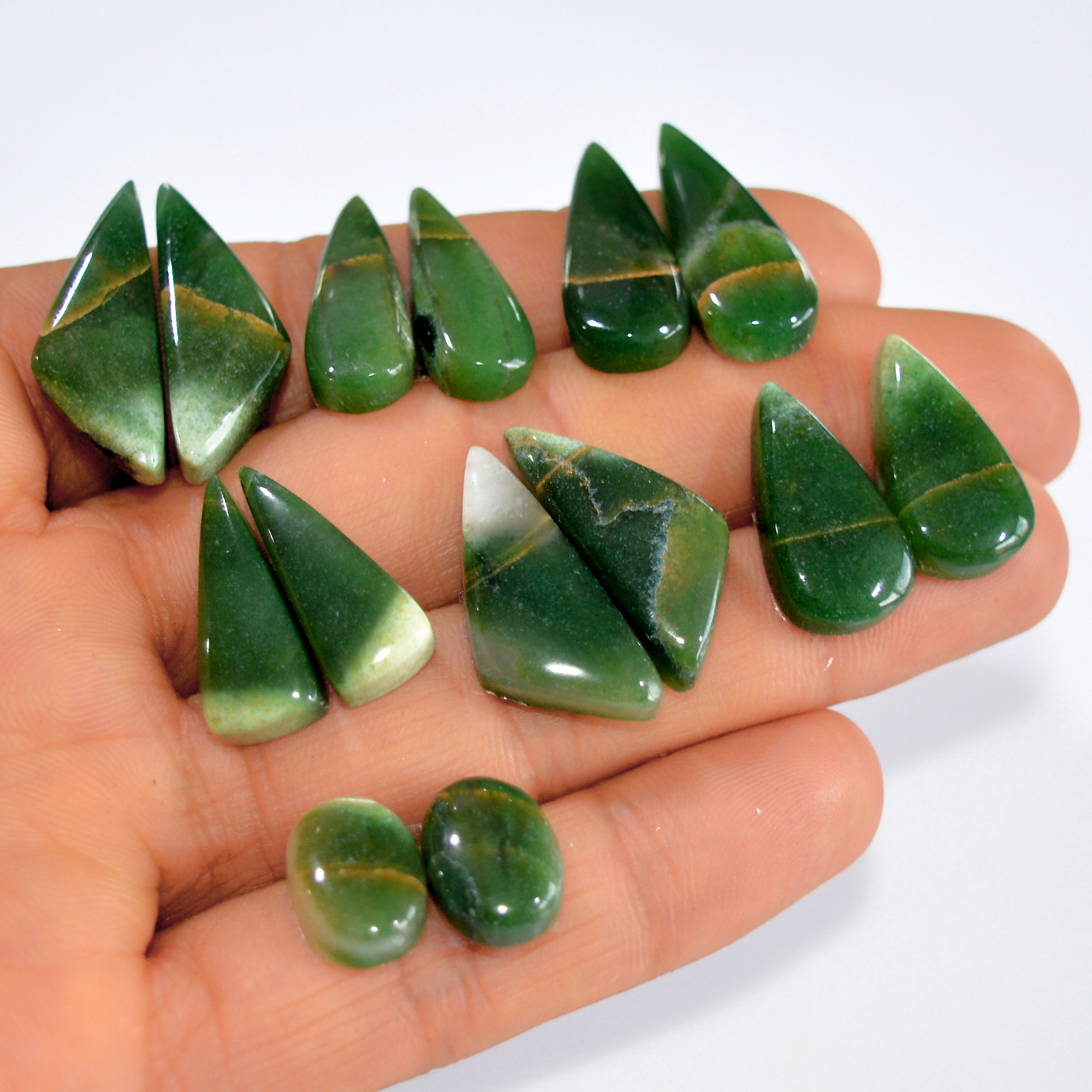 7Pairs 130Cts Emerald Green Jade Dangle Earring Pairs Natural Gemstone Cabochon Silver Jewelry Handcrafted Crystal 25x9 12x9mm 15783