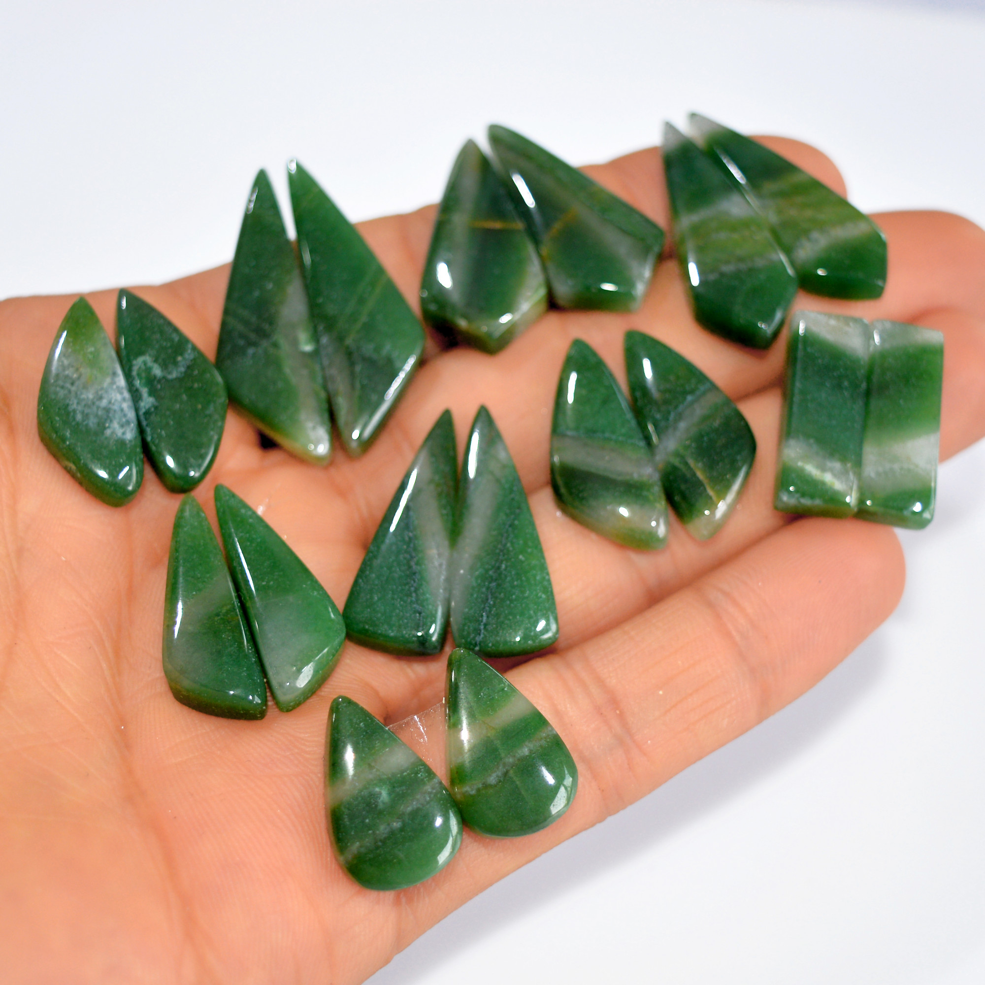 9Pairs 205Cts Emerald Green Jade Dangle Earring Pairs Natural Gemstone Cabochon Silver Jewelry Handcrafted Crystal 33x10 17x10mm 15784