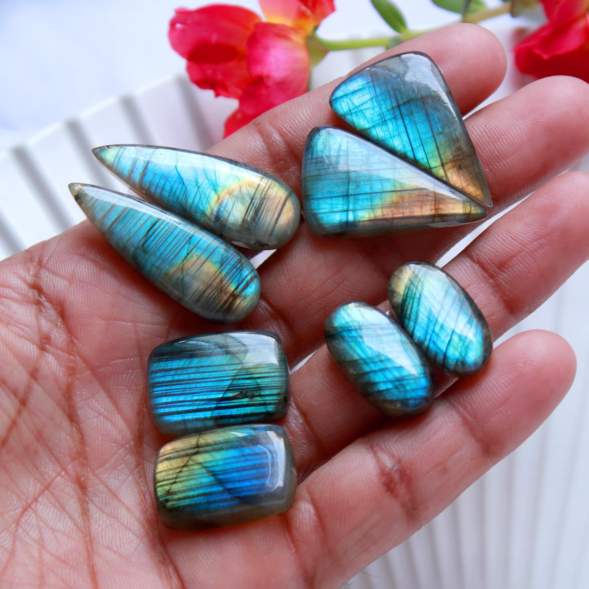 4Pairs 137Cts Natural Labradorite Cabochon Pair For Earrings Labradorite Gemstone Cabochon Crystal For Womens Earring 33x10 19x10mm 15789