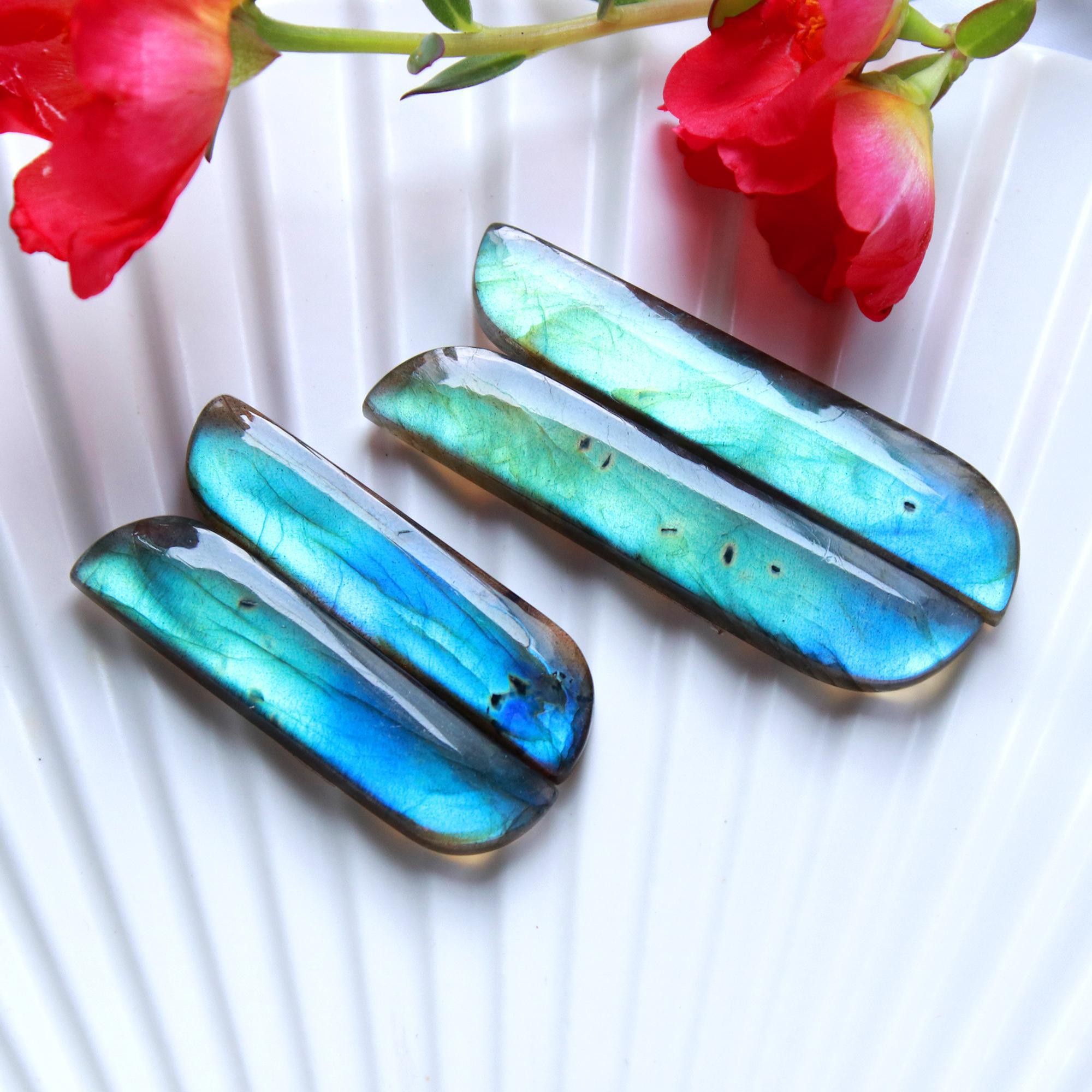2Pairs 90Cts Natural Labradorite Cabochon Pair For Earrings Labradorite Gemstone Cabochon Crystal For Womens Earring 50x10 38x10mm 15791