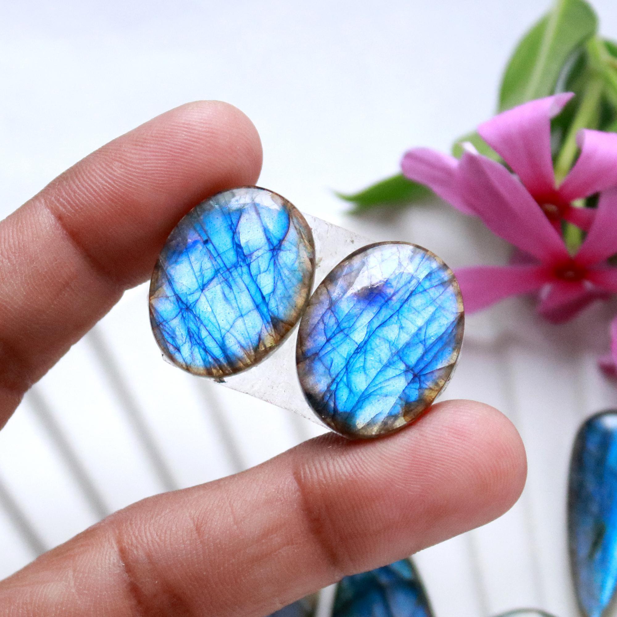 6 Pairs 173 Cts Natural Labradorite Cabochon Pair For Dangle Earring Labradorite Loose Gemstone Lot For Jewelry Making 30x14 15x15mm 15808