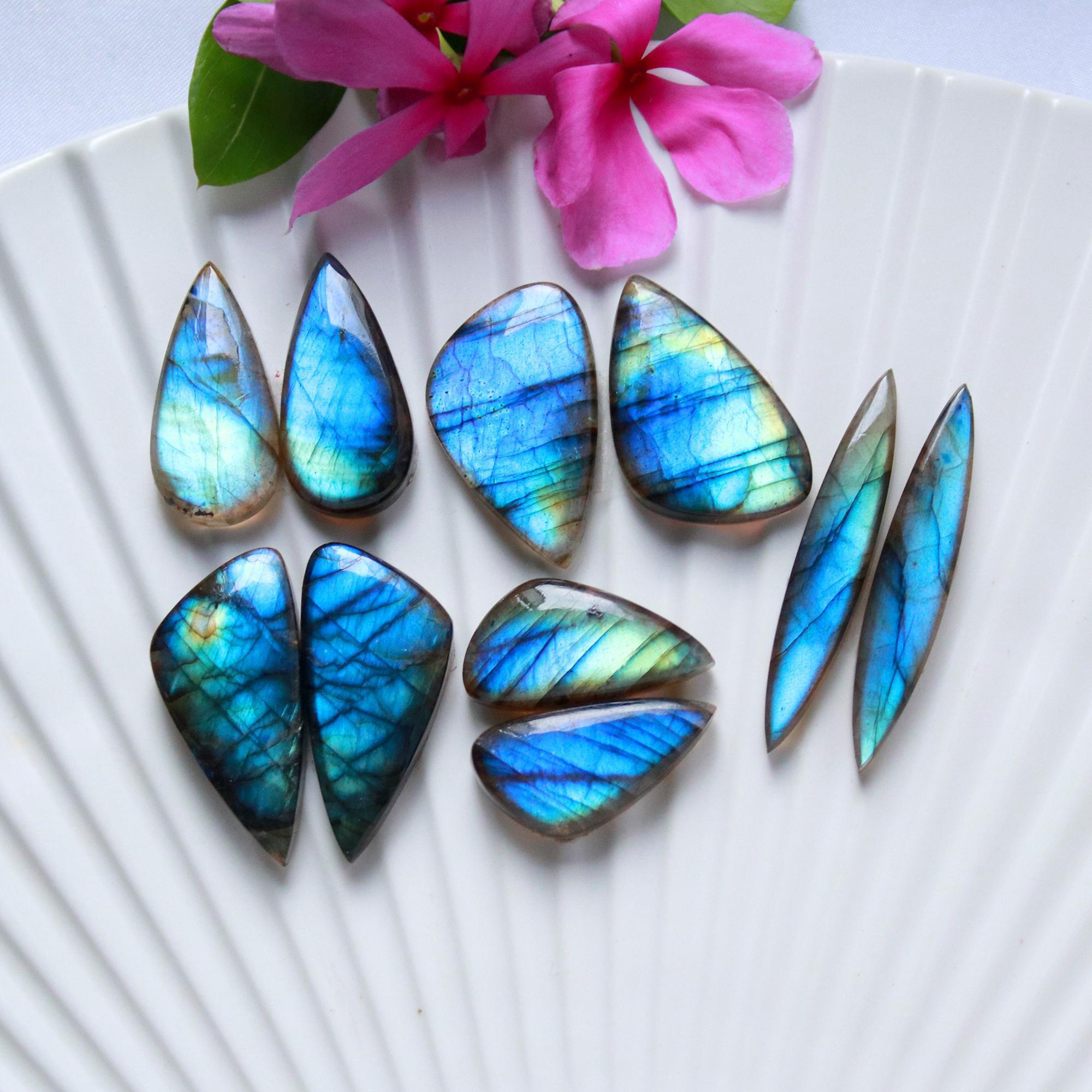 5 Pairs 142 Cts Natural Labradorite Cabochon Pair For Dangle Earring Labradorite Loose Gemstone Lot For Jewelry Making 30x13 22x10mm 15812