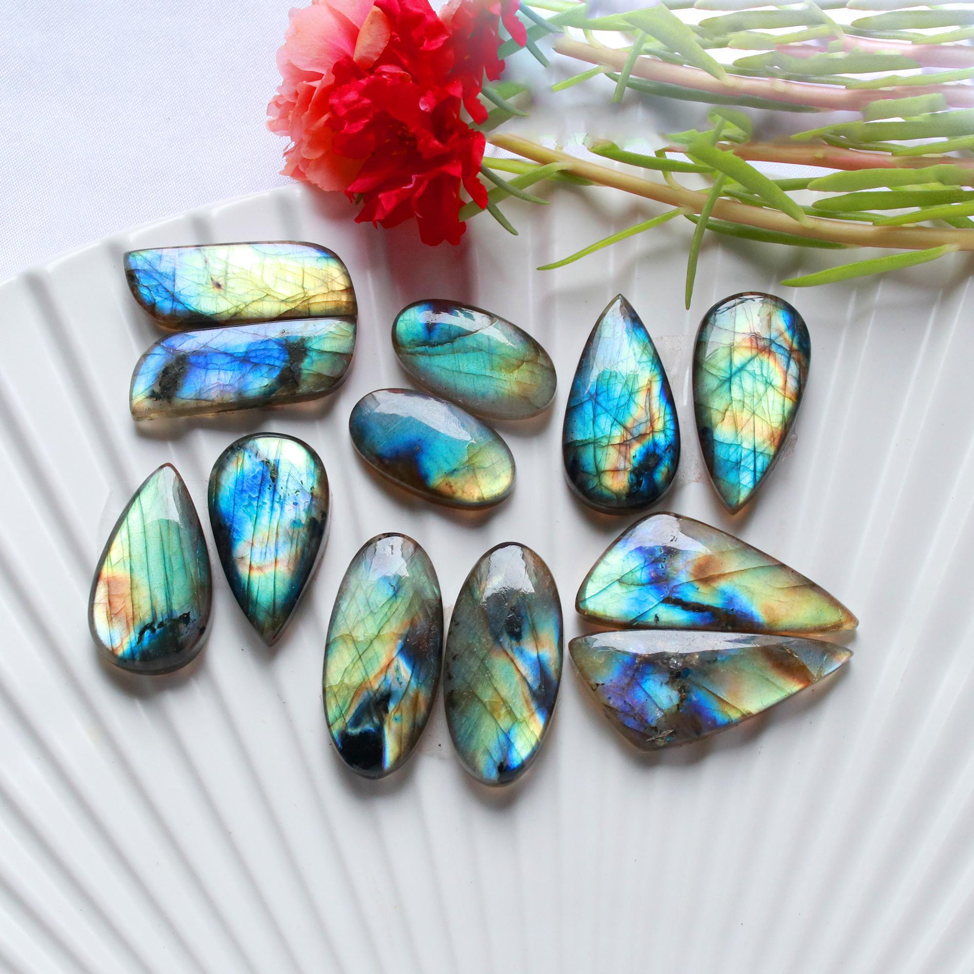 6 Pairs 194 Cts Natural Labradorite Earrings Gemstone Dangle Drop Silver Jewelry Crystals For Earrings Cabochon Pair Lot32x12 20x10mm 15826