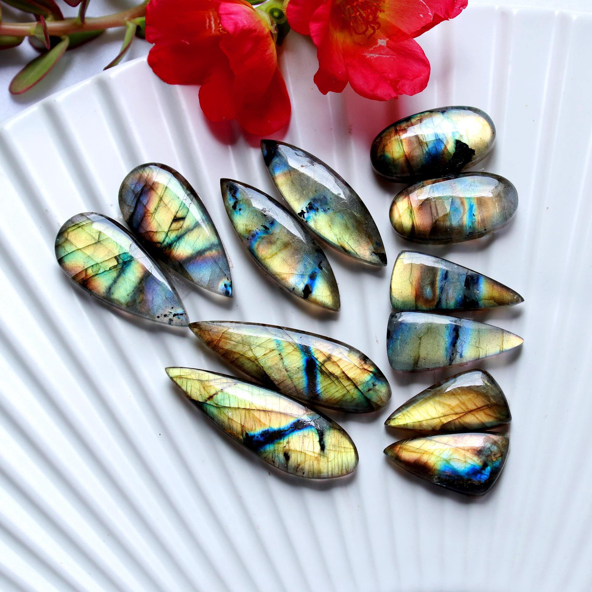 6 Pairs 156 Cts Natural Labradorite Earrings Gemstone Dangle Drop Silver Jewelry Crystals For Earrings Cabochon Pair Lot35x10 20x10mm 15836