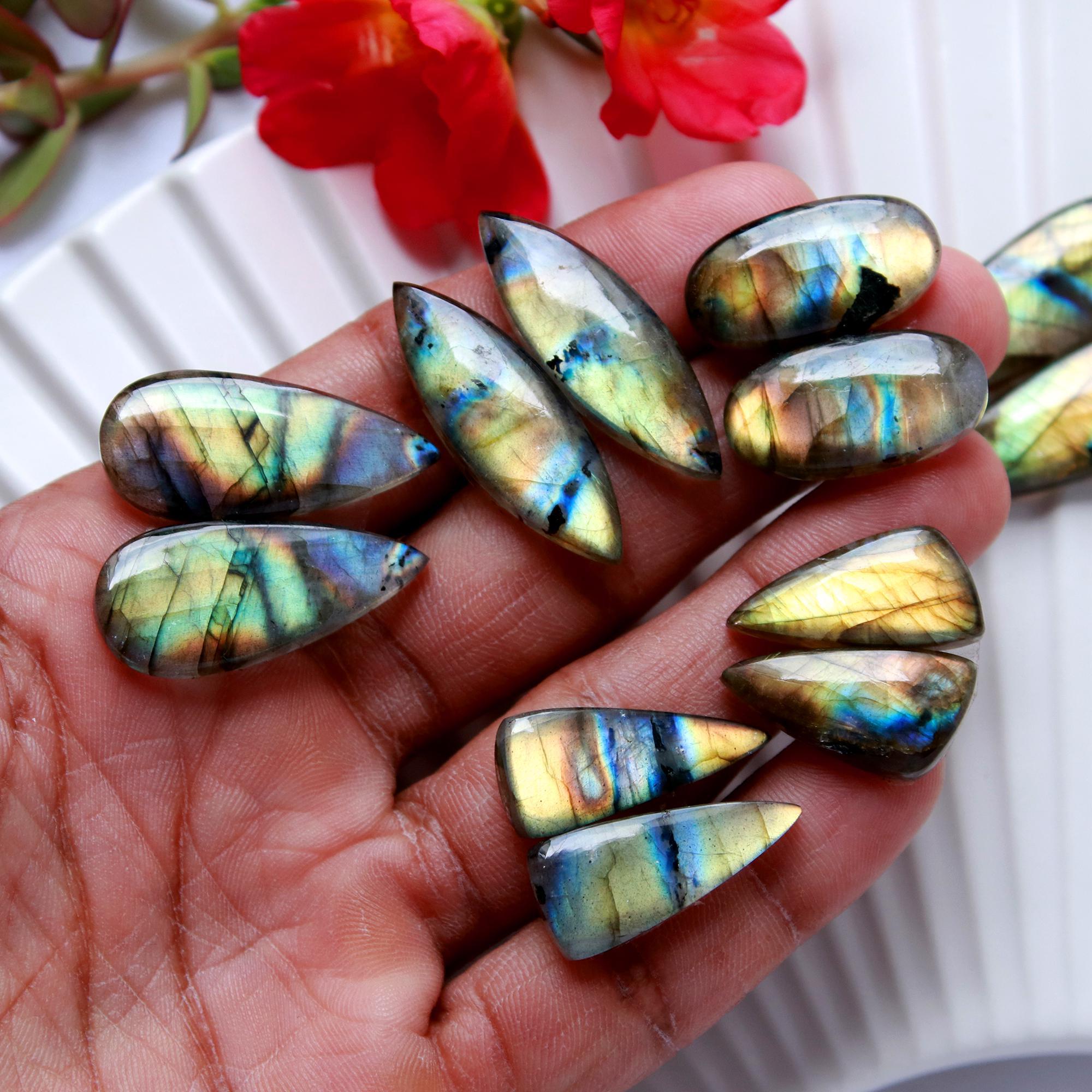 6 Pairs 156 Cts Natural Labradorite Earrings Gemstone Dangle Drop Silver Jewelry Crystals For Earrings Cabochon Pair Lot35x10 20x10mm 15836