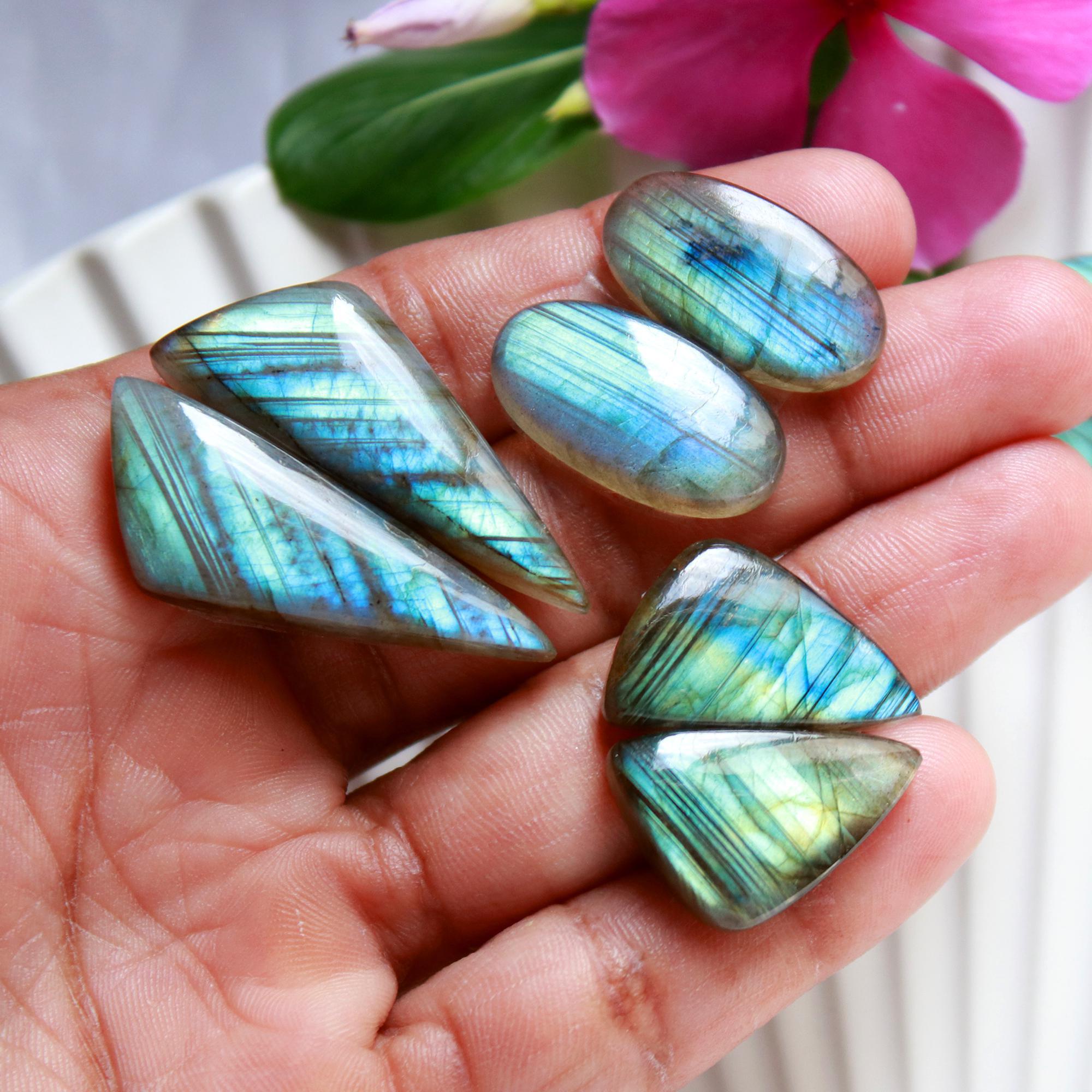 4 Pairs 133 Cts Natural Labradorite Cabochon Loose Gemstone Pair Woman Earrings Mix Shapes Dangle Drop Earrings Pair35x12 22x12mm 15841