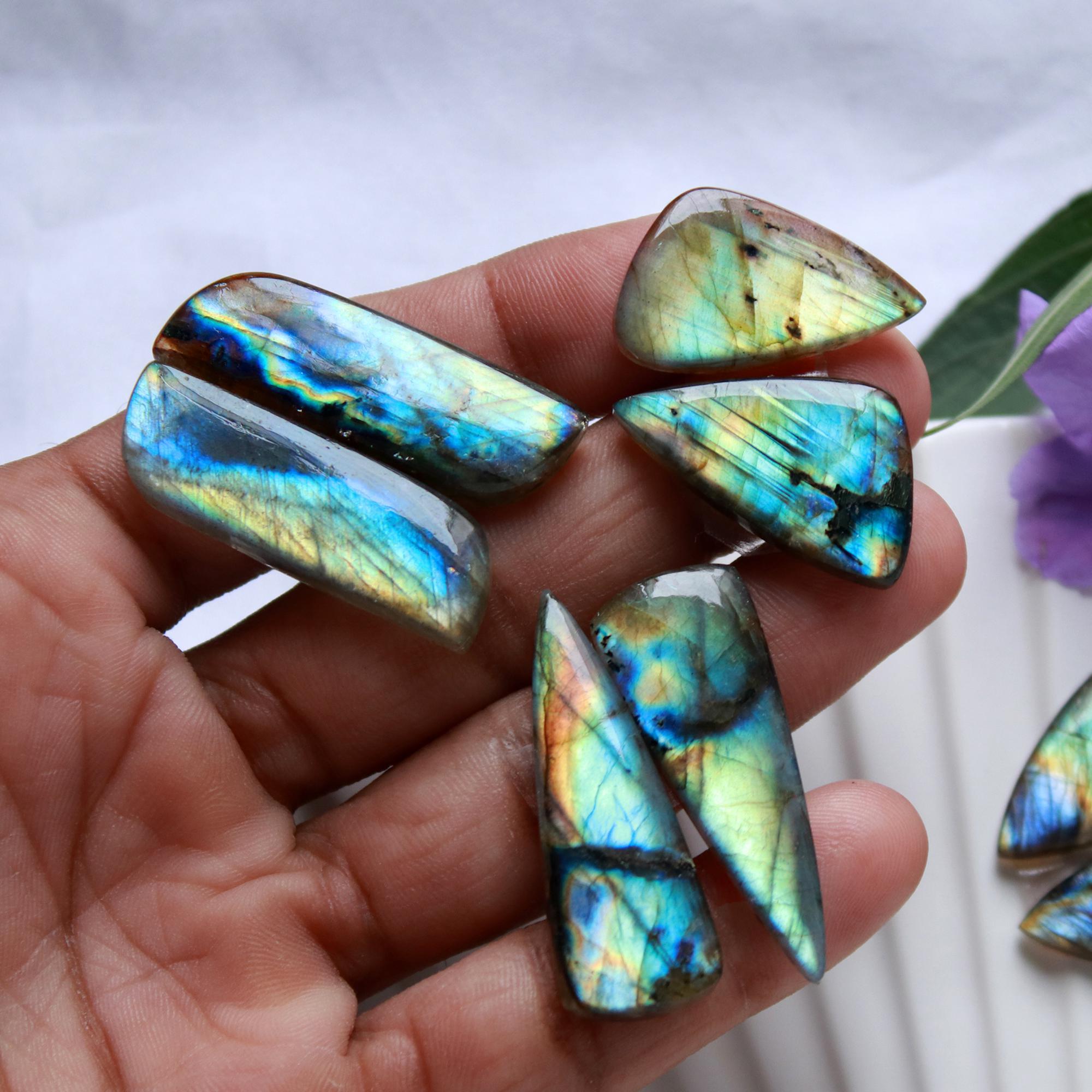 6 Pairs 200 Cts Natural Labradorite Cabochon Pairs Mixed Shapes Gemstone Lot For Silver Earrings Handmade Craft Supplies35x11 20x10mm 15866