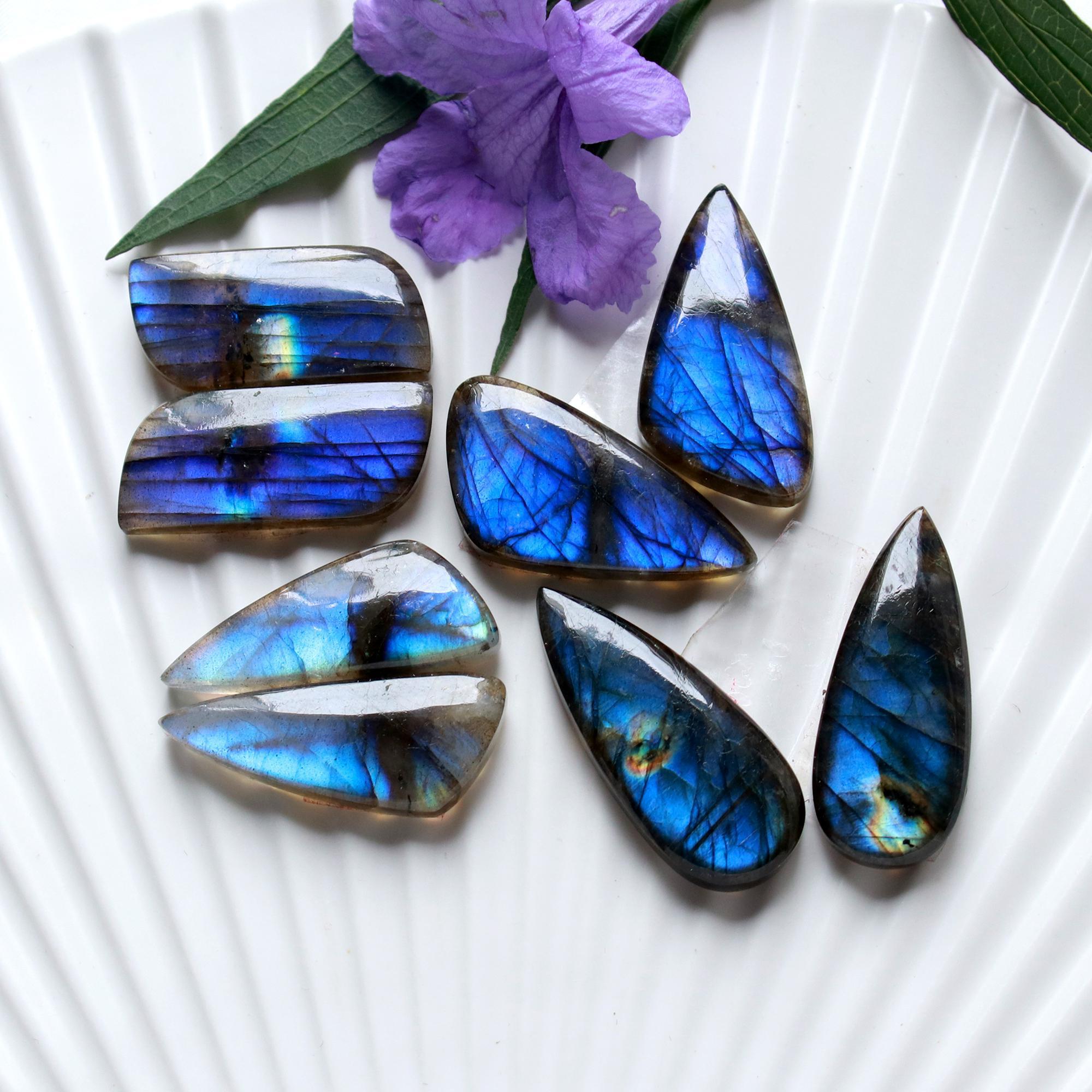 4 Pairs 137 Cts Natural Labradorite Dangle Earring Pairs Natural Gemstone Cabochon Silver Jewelry Handcrafted Crystal30x10 25x10mm 15875