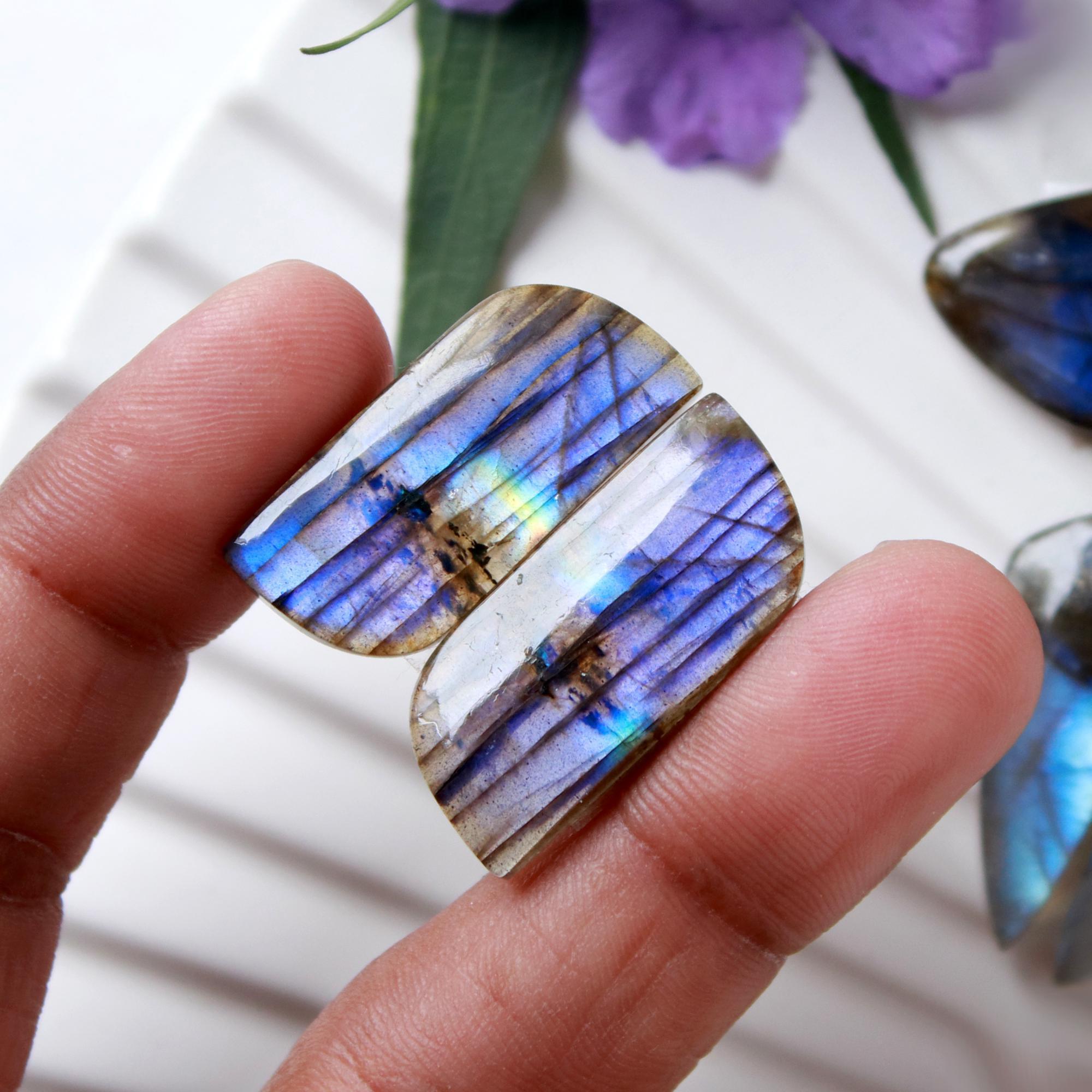 4 Pairs 137 Cts Natural Labradorite Dangle Earring Pairs Natural Gemstone Cabochon Silver Jewelry Handcrafted Crystal30x10 25x10mm 15875