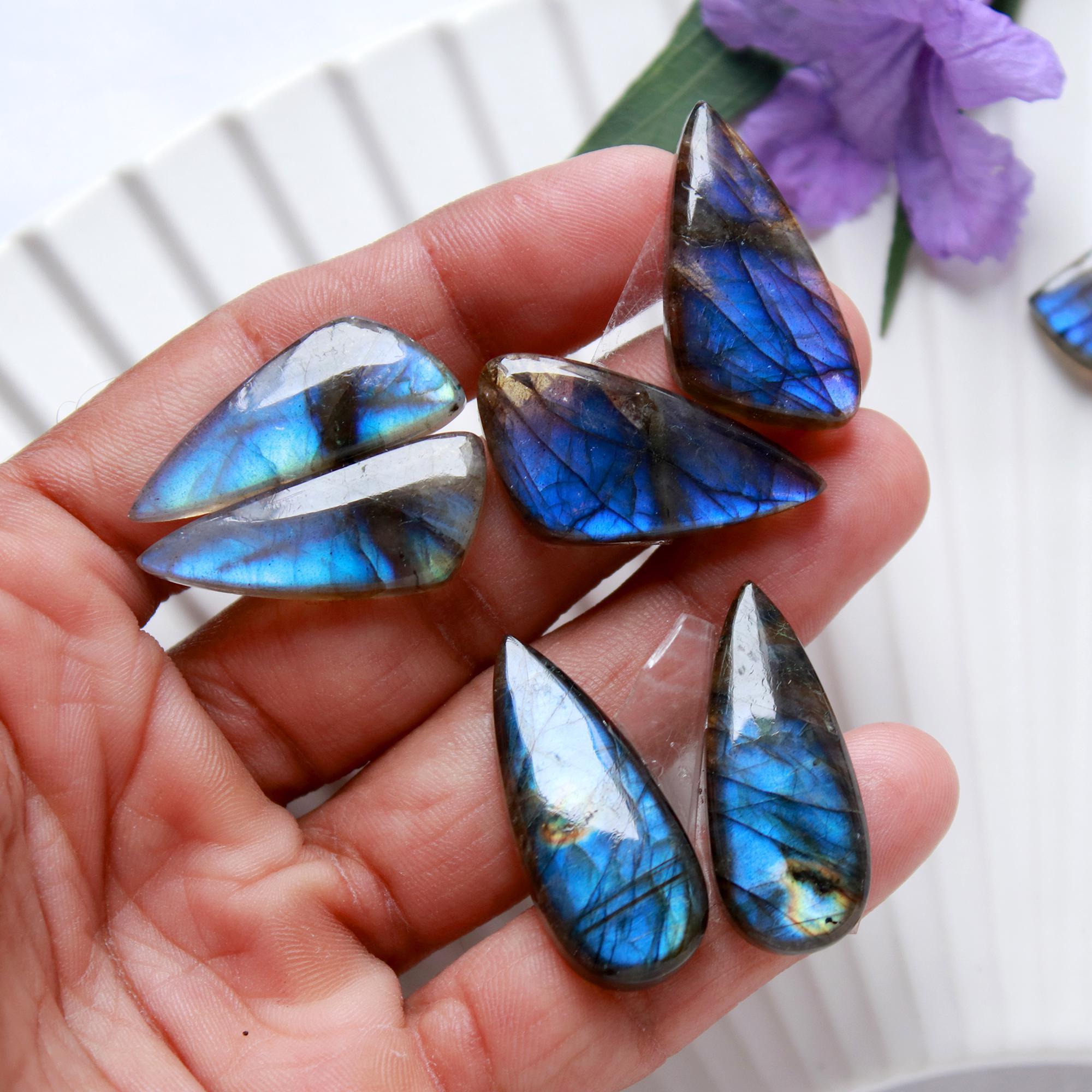 4 Pairs 137 Cts Natural Labradorite Dangle Earring Pairs Natural Gemstone Cabochon Silver Jewelry Handcrafted Crystal30x10 25x10mm 15875