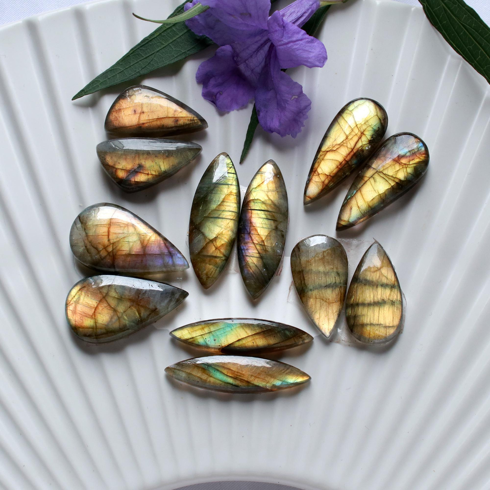 6 Pairs 123 Cts Natural Labradorite Dangle Earring Pairs Natural Gemstone Cabochon Silver Jewelry Handcrafted Crystal30x10 20x10mm 15878