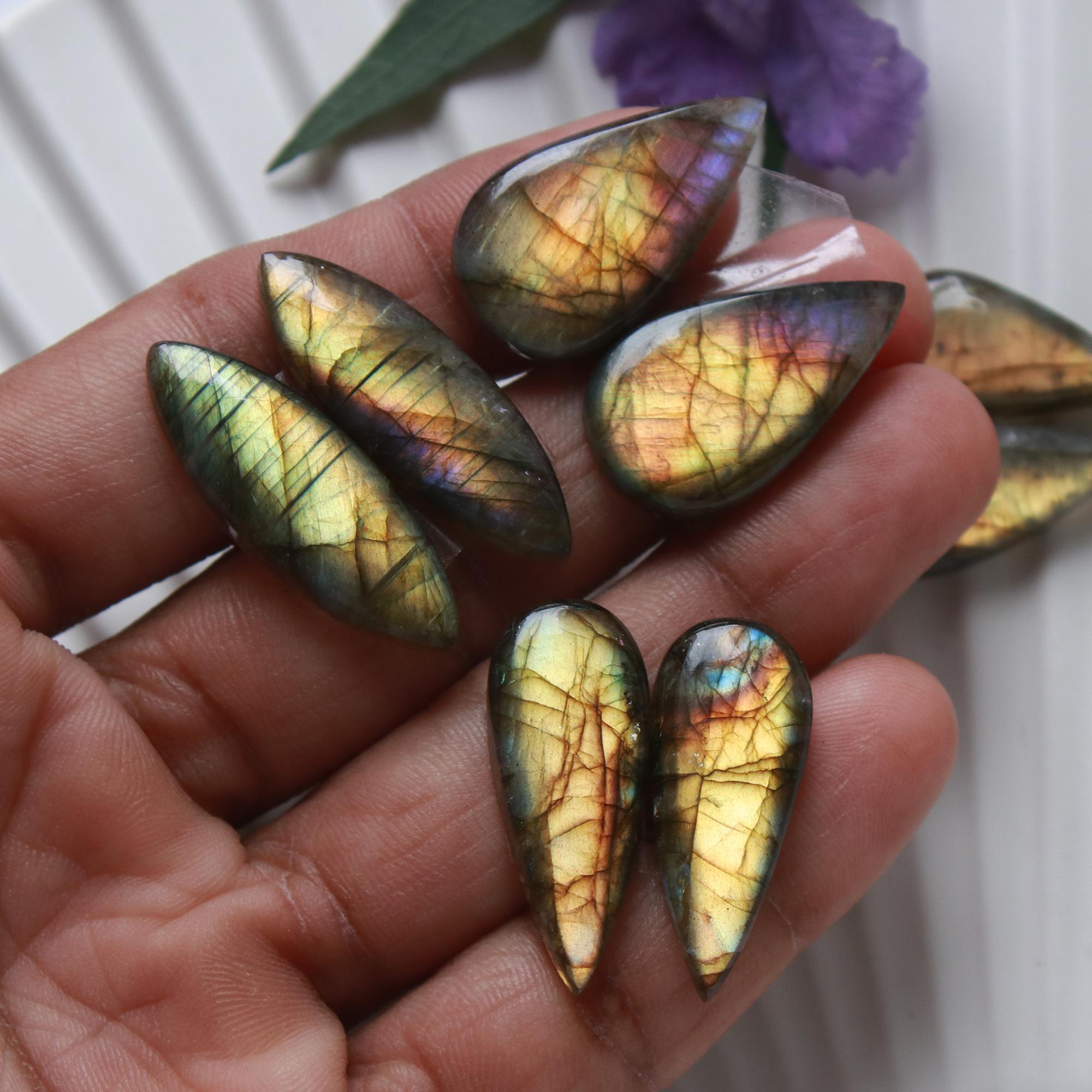 6 Pairs 123 Cts Natural Labradorite Dangle Earring Pairs Natural Gemstone Cabochon Silver Jewelry Handcrafted Crystal30x10 20x10mm 15878