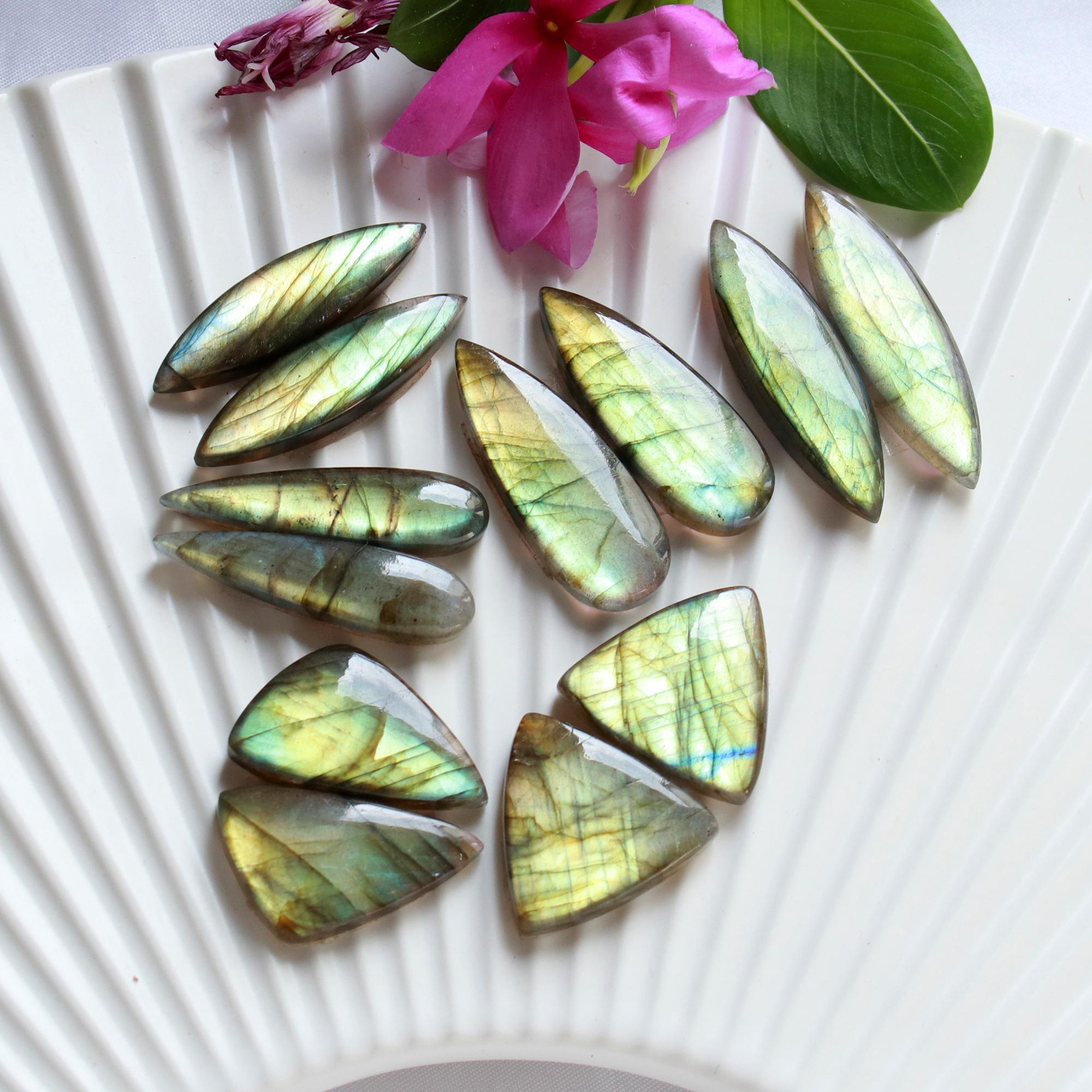 6 Pairs 155 Cts Natural Labradorite Dangle Earring Pairs Natural Gemstone Cabochon Silver Jewelry Handcrafted Crystal34x10 20x10mm 15880