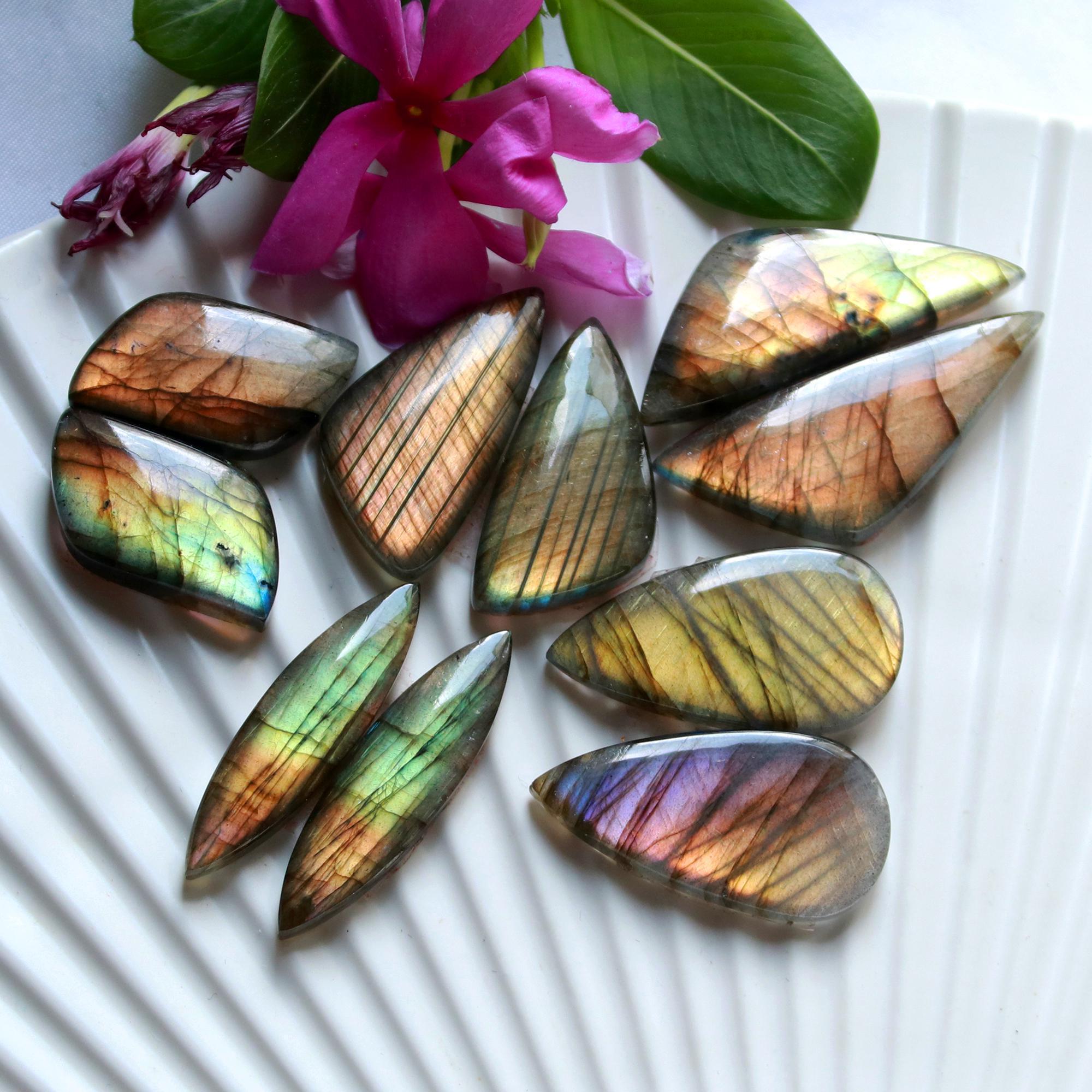 5 Pairs 187 Cts Natural Labradorite Dangle Earring Pairs Natural Gemstone Cabochon Silver Jewelry Handcrafted Crystal39x15 22x13mm 15884