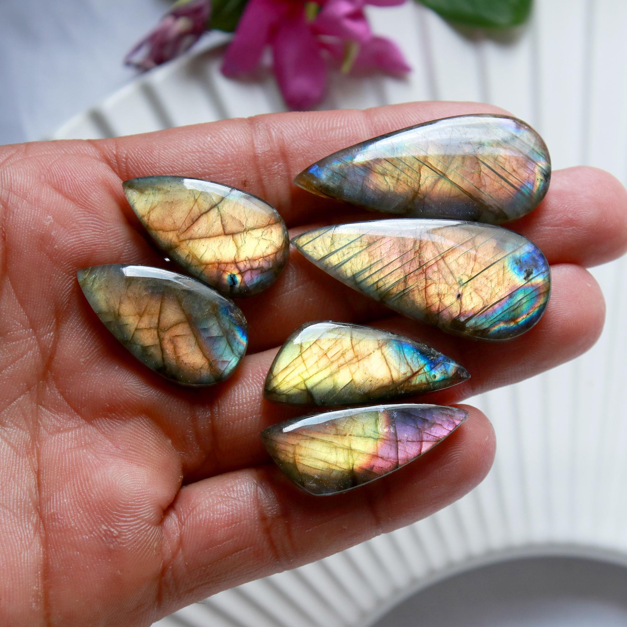 4 Pairs 143 Cts Natural Labradorite Dangle Earring Pairs Natural Gemstone Cabochon Silver Jewelry Handcrafted Crystal38x15 17x15mm 15888