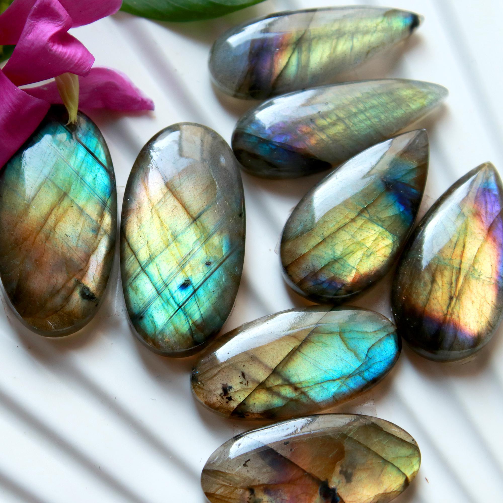 4 Pairs 142 Cts Natural Labradorite Dangle Earring Pairs Natural Gemstone Cabochon Silver Jewelry Handcrafted Crystal30x15 25x11mm 15890