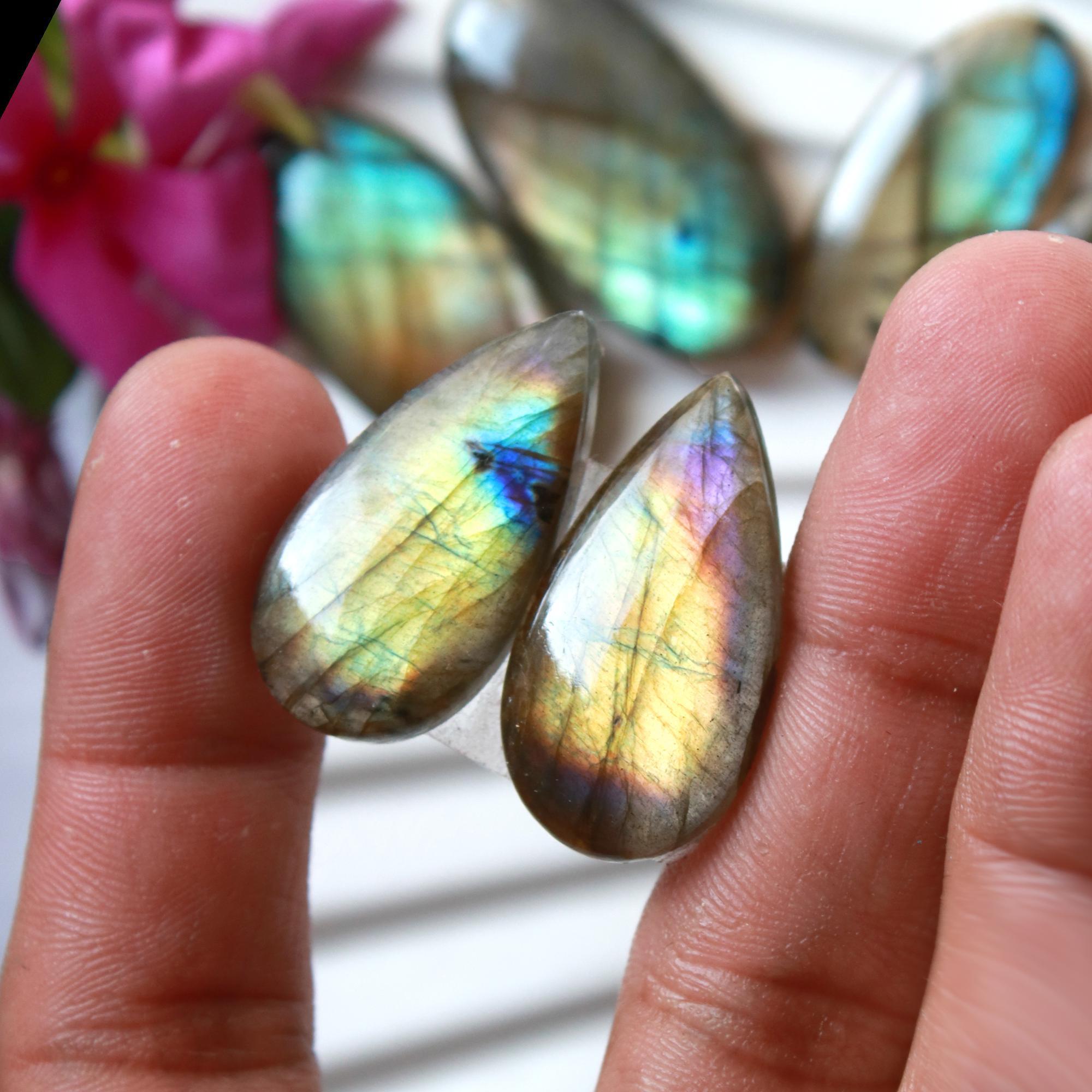 4 Pairs 142 Cts Natural Labradorite Dangle Earring Pairs Natural Gemstone Cabochon Silver Jewelry Handcrafted Crystal30x15 25x11mm 15890