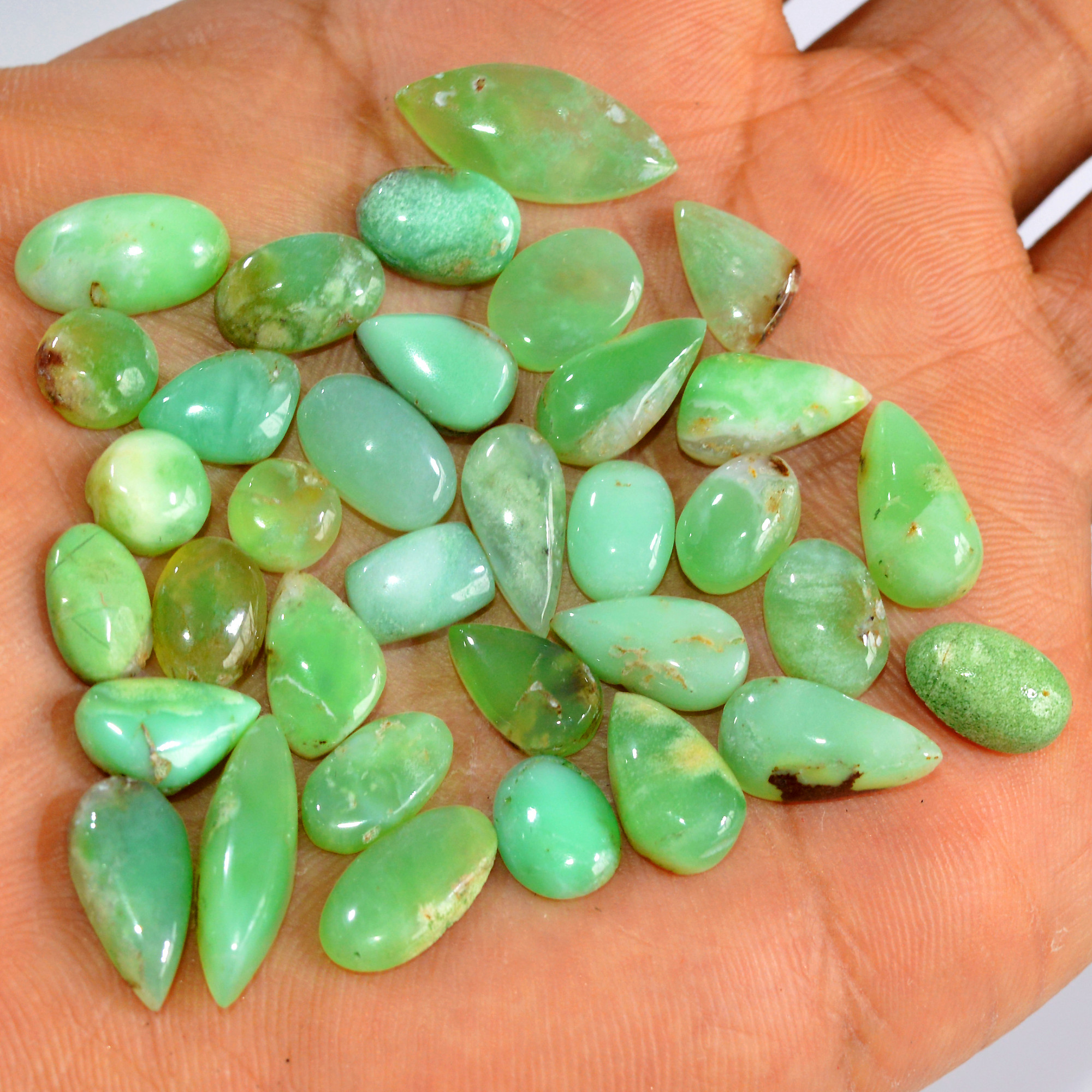 34 Pcs 90 Cts Natural Chrysoprase Cabochon Loose Gemstone Lot Semi-Precious Green Gemstone For Silver Jewelry Making 18x4 5x5mm 15893