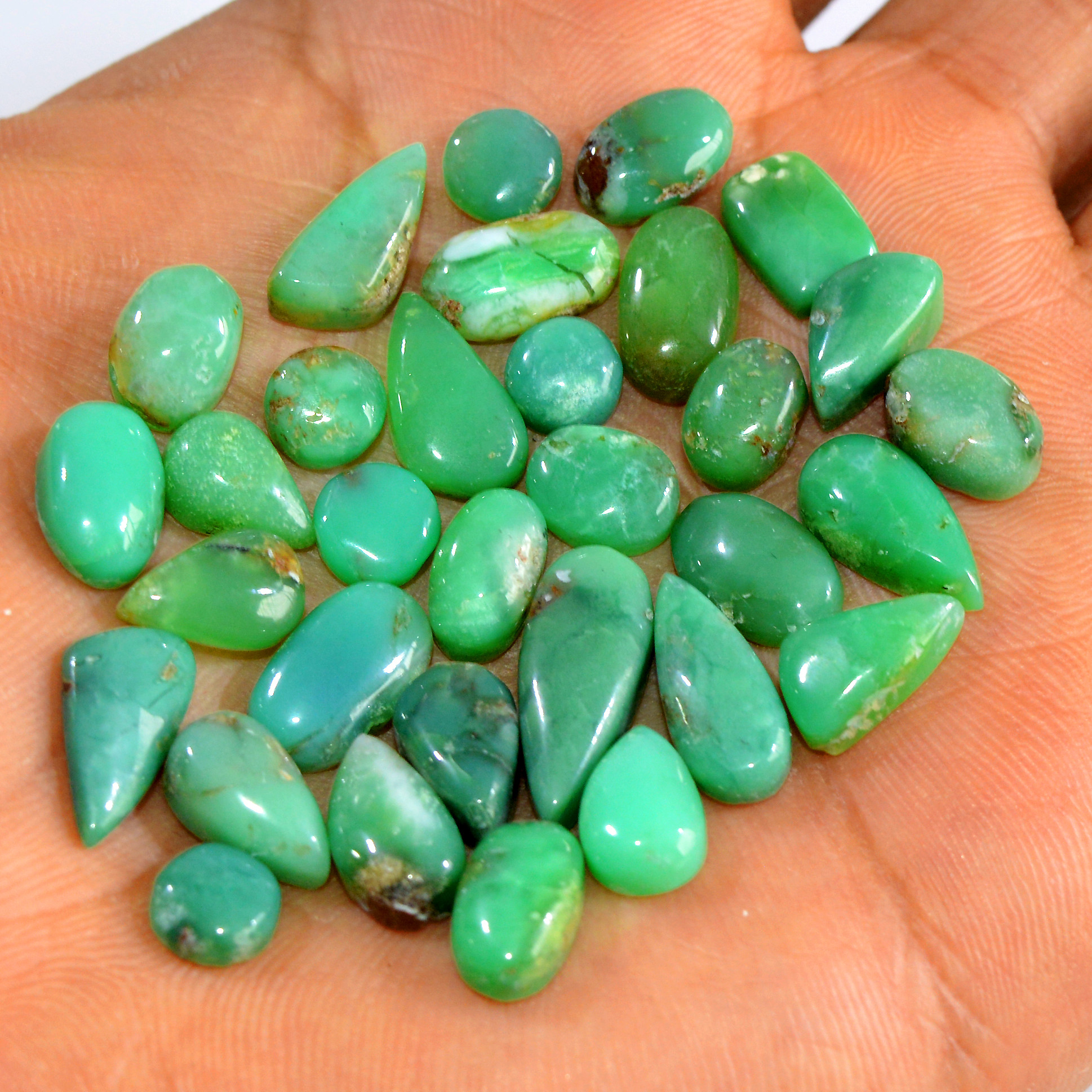32Pcs 87Cts Natural Chrysoprase Cabochon Loose Gemstone Lot Semi-Precious Green Gemstone For Silver Jewelry Making 16x5 5x5mm R-15895