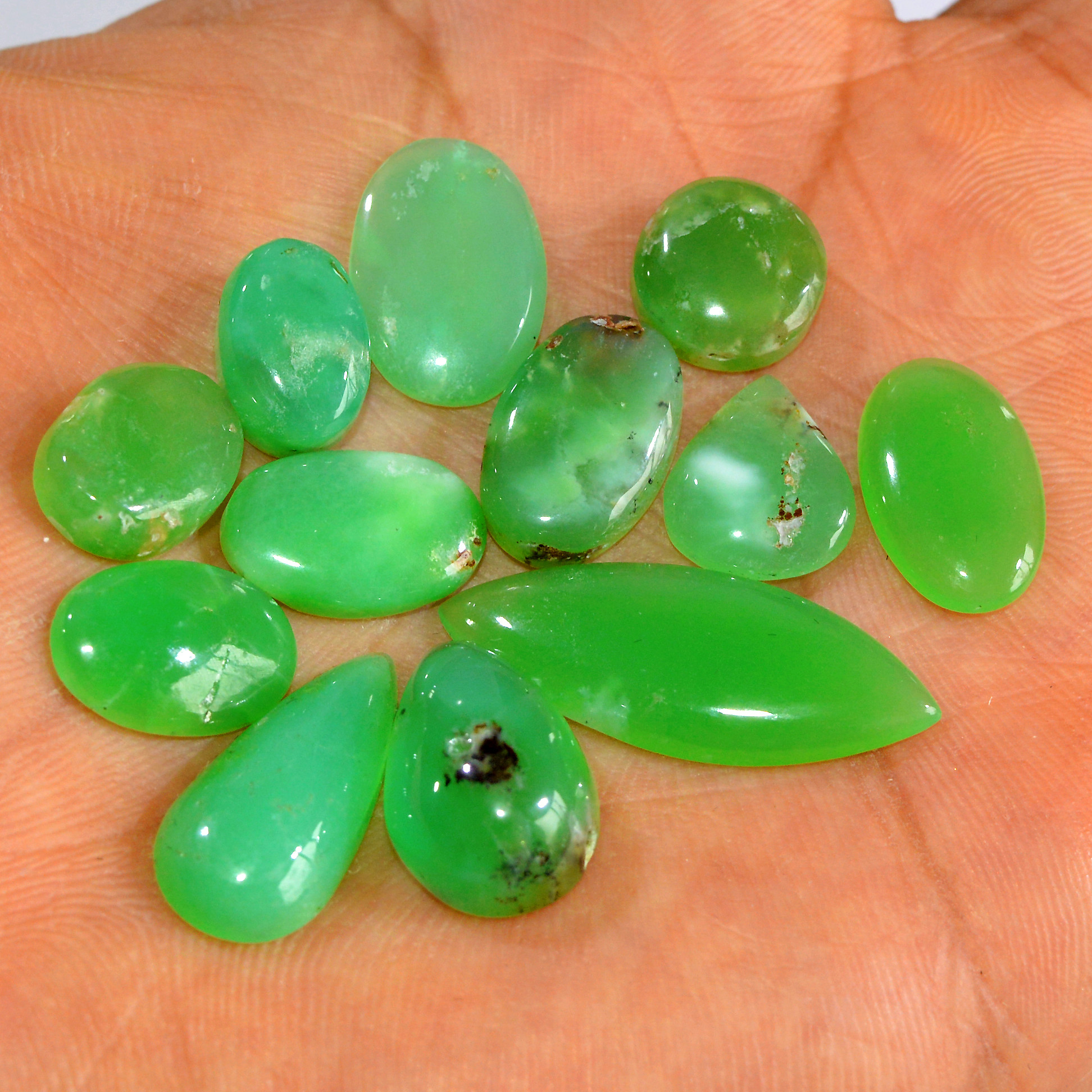 12Pcs 77Cts Natural Chrysoprase Cabochon Loose Gemstone Lot Semi-Precious Green Gemstone For Silver Jewelry Making 28x10 11x10mm 15899