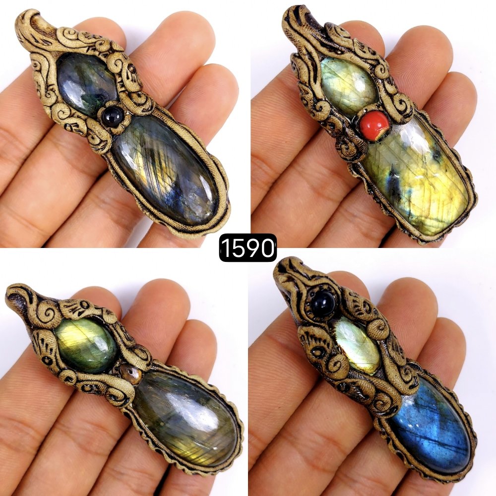 4Pcs Lot 440Cts Natural Labradorite Double Stone Polymer clay Pendant jewelry Size 75x22 72x21mm#G-1590